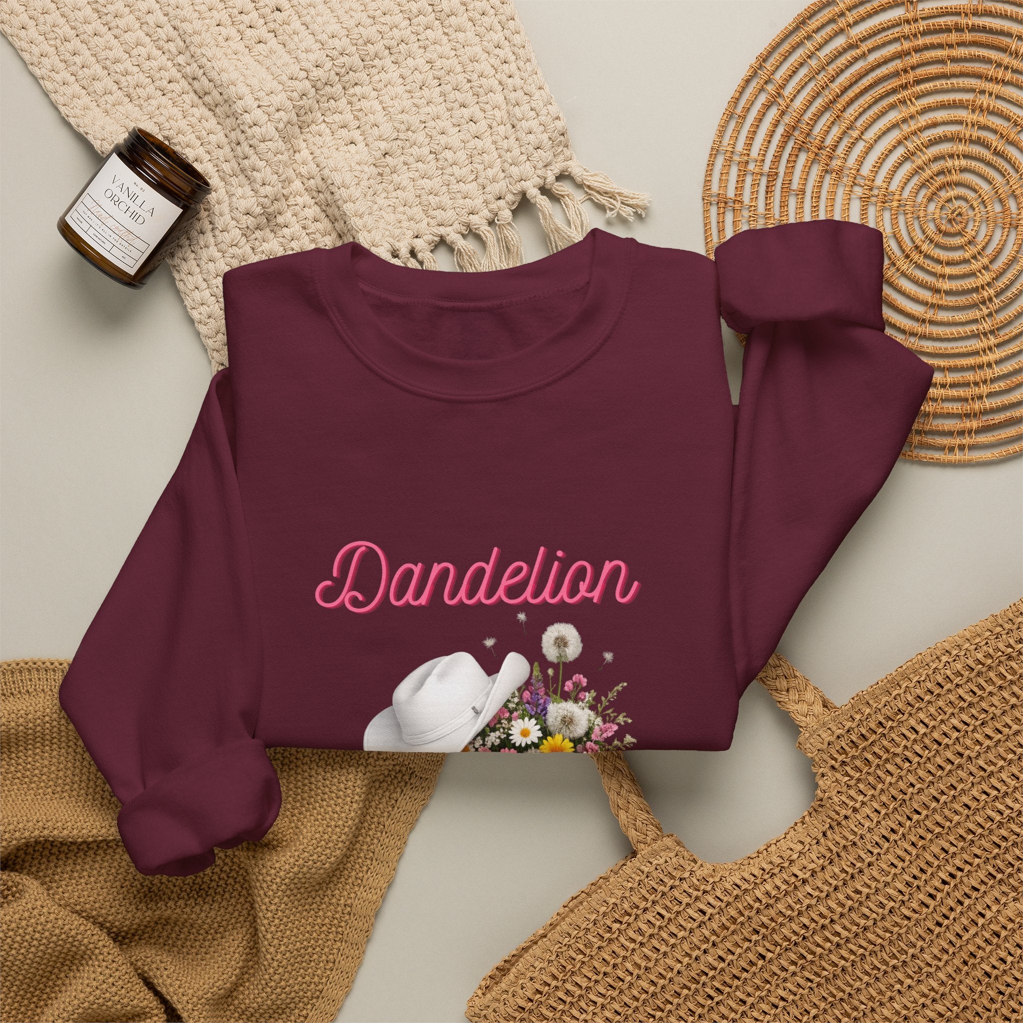 Dandelion Floral Cowboy Boots Sweatshirt – Pink Western Hat & Flowers Crewneck