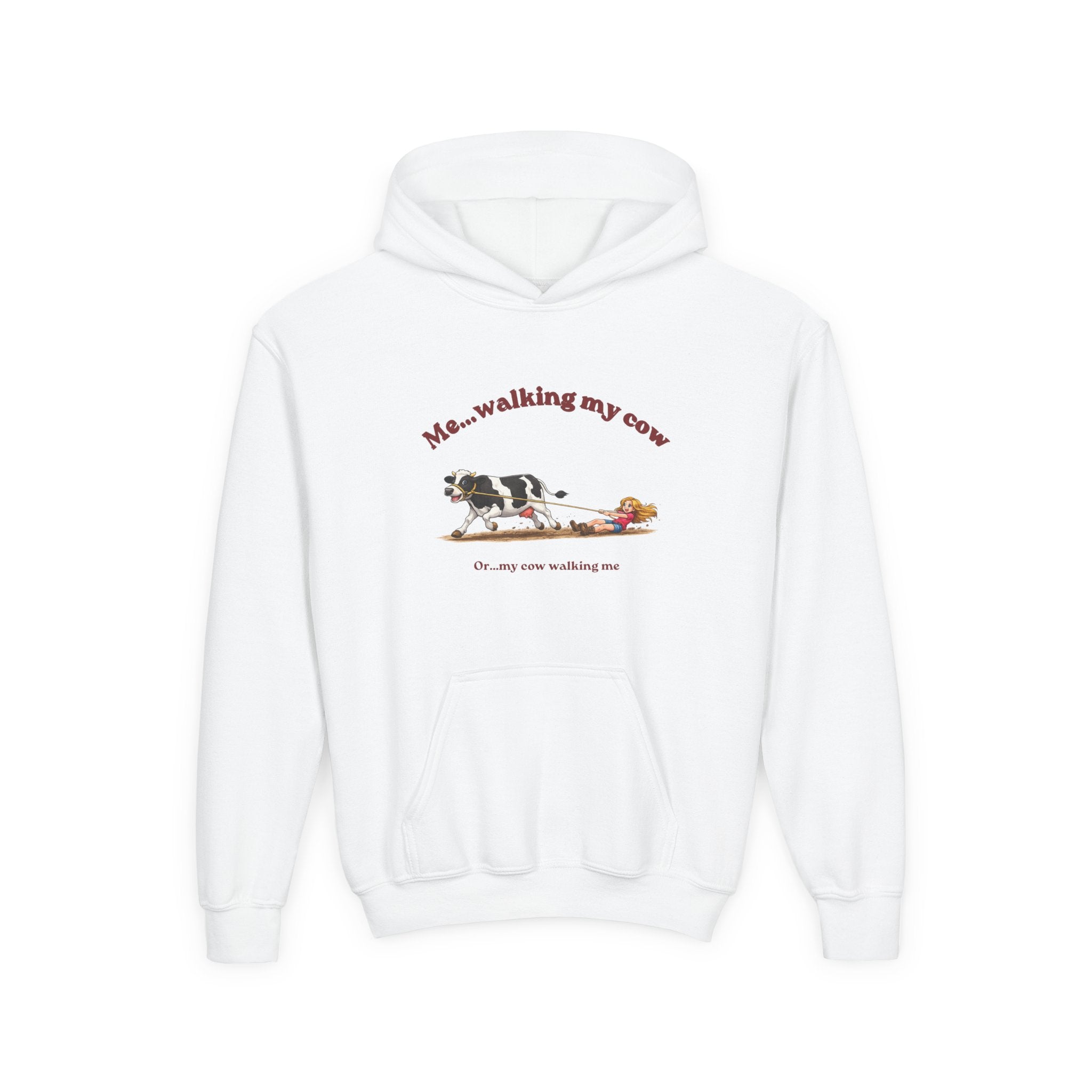 Youth Hoodie — “Me… walking my cow” Cute Cow Illustration Kids Pullover-girl