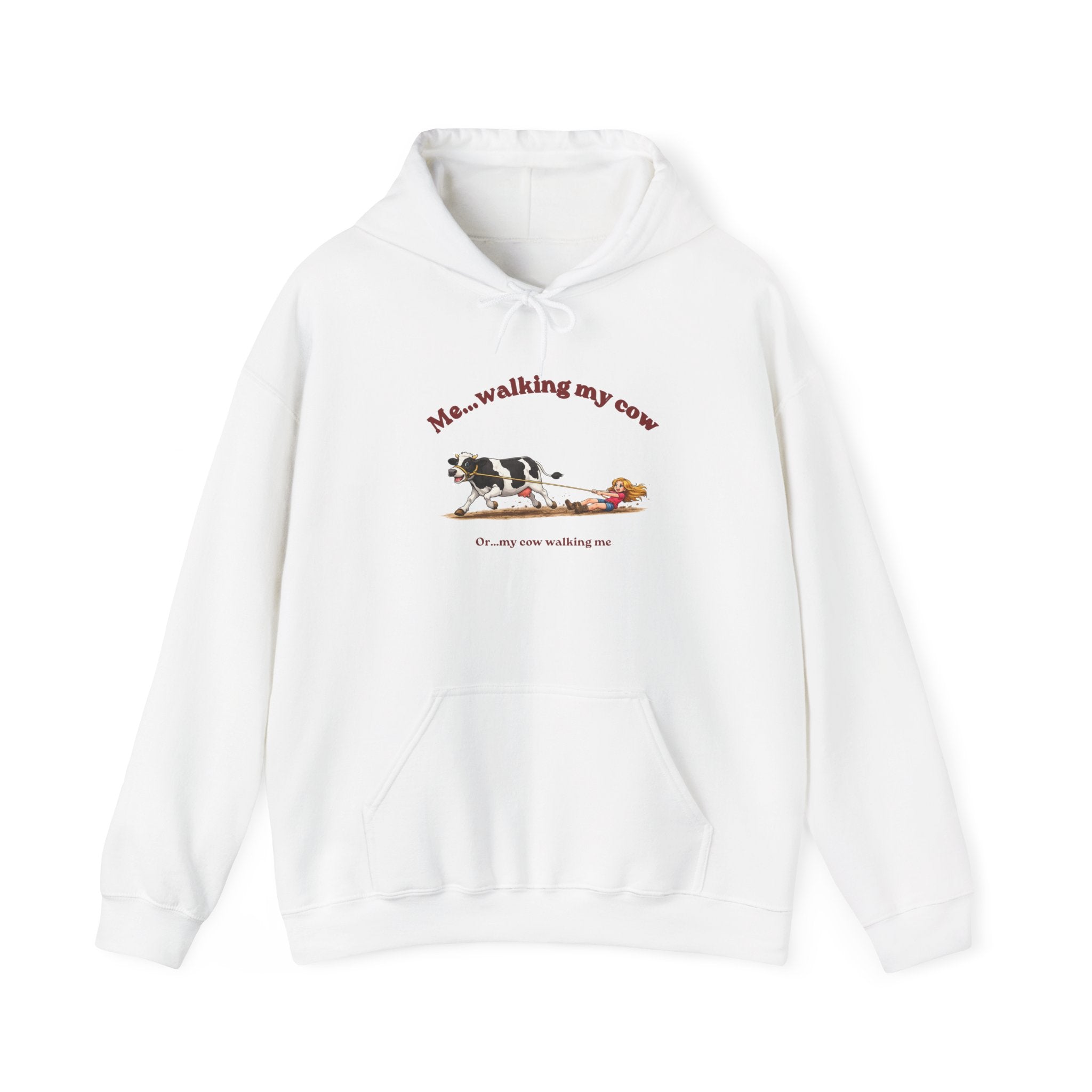 Hoodie — 'Me... walking my cow' Cute Cow Illustration Pullover-girl