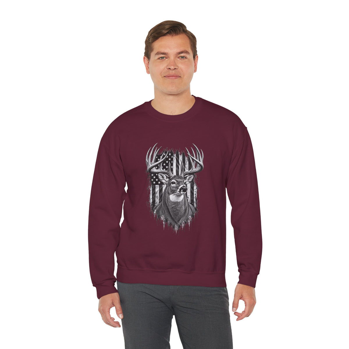 Deer Crewneck Sweatshirt with Distressed American Flag and Black and White Buck Design