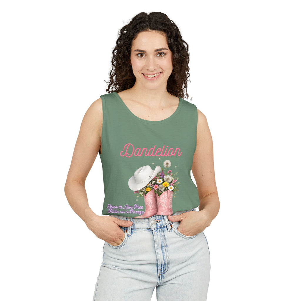 Dandelion Pink Cowboy Boots Tank Top — Floral Western Summer Tee