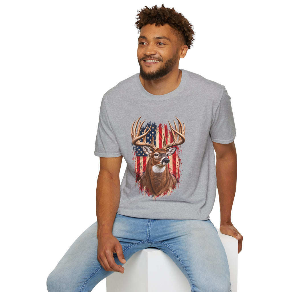 Whitetail Buck American Flag T-Shirt, Patriotic Deer Hunting Tee, Lightweight Cotton
