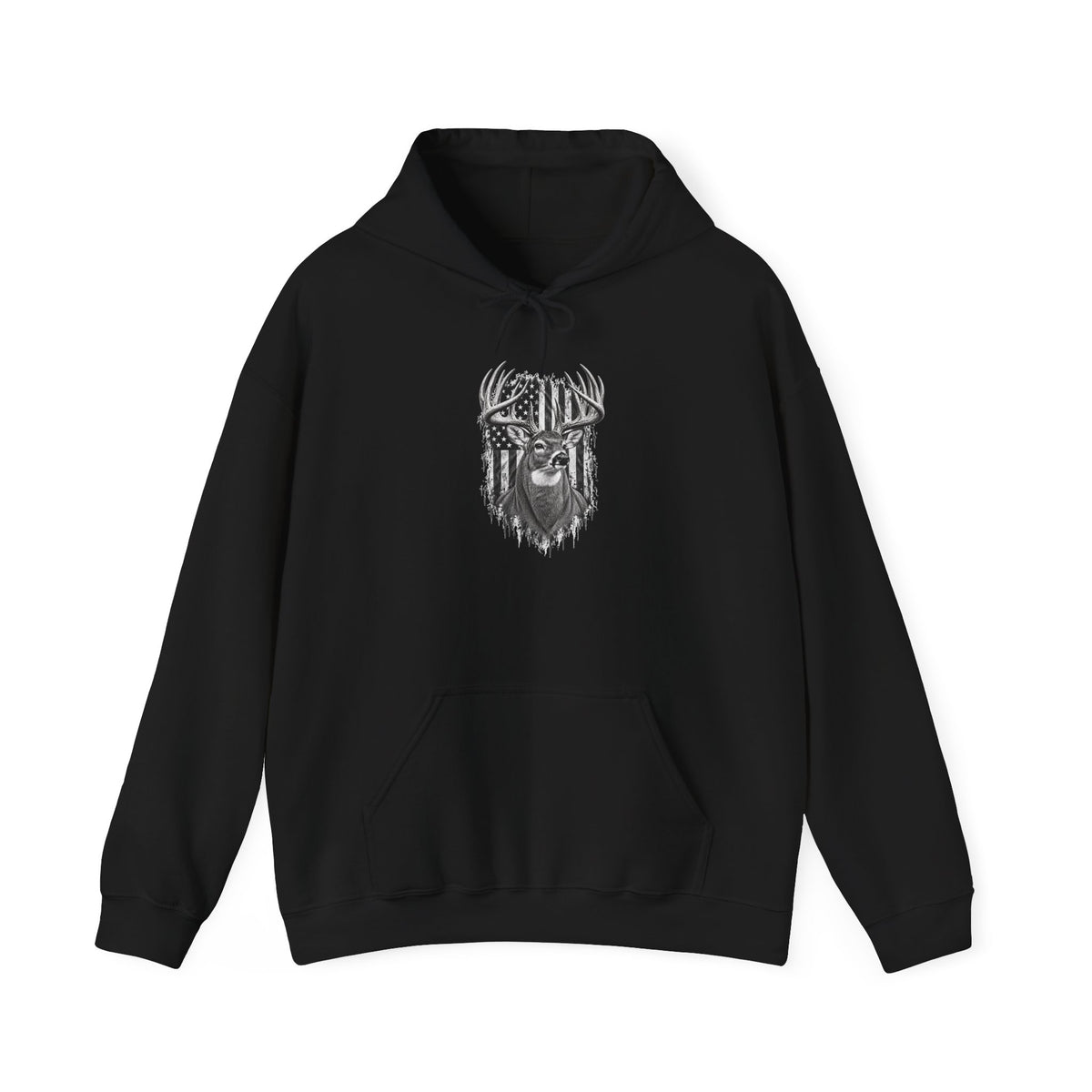 Buck Deer Hoodie with Distressed American Flag, Black Pullover Sweatshirt