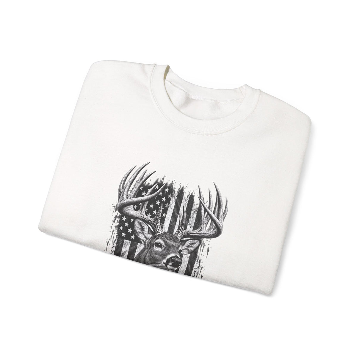 Deer Crewneck Sweatshirt with Distressed American Flag and Black and White Buck Design