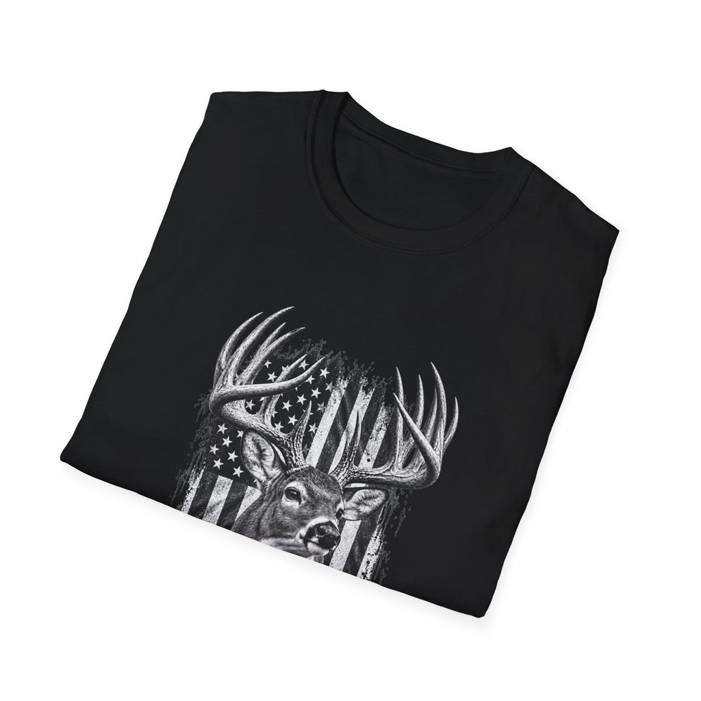 Buck Hunting T-Shirt, Distressed American Flag Deer Graphic Tee, Adult Classic Fit