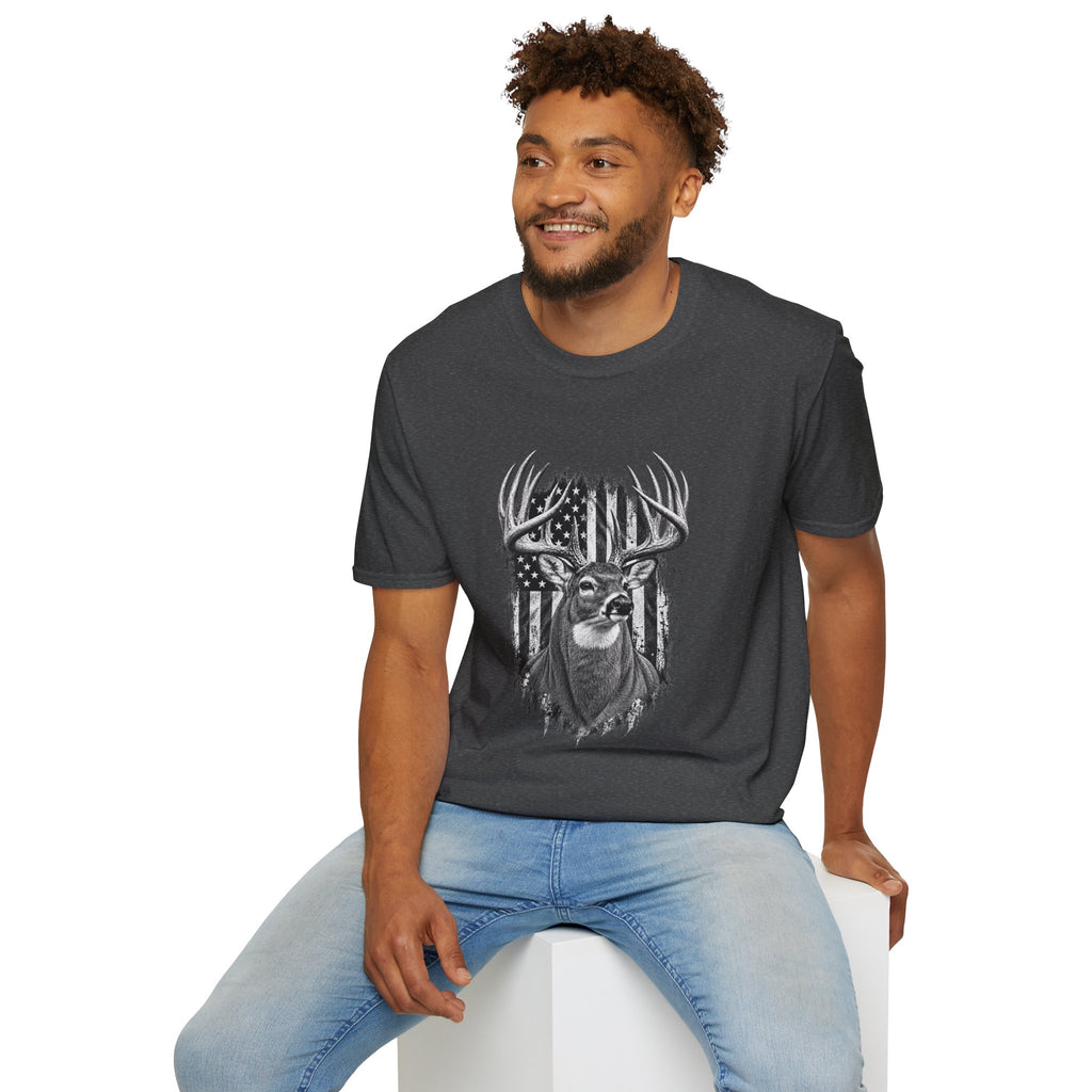 Buck Hunting T-Shirt, Distressed American Flag Deer Graphic Tee, Adult Classic Fit