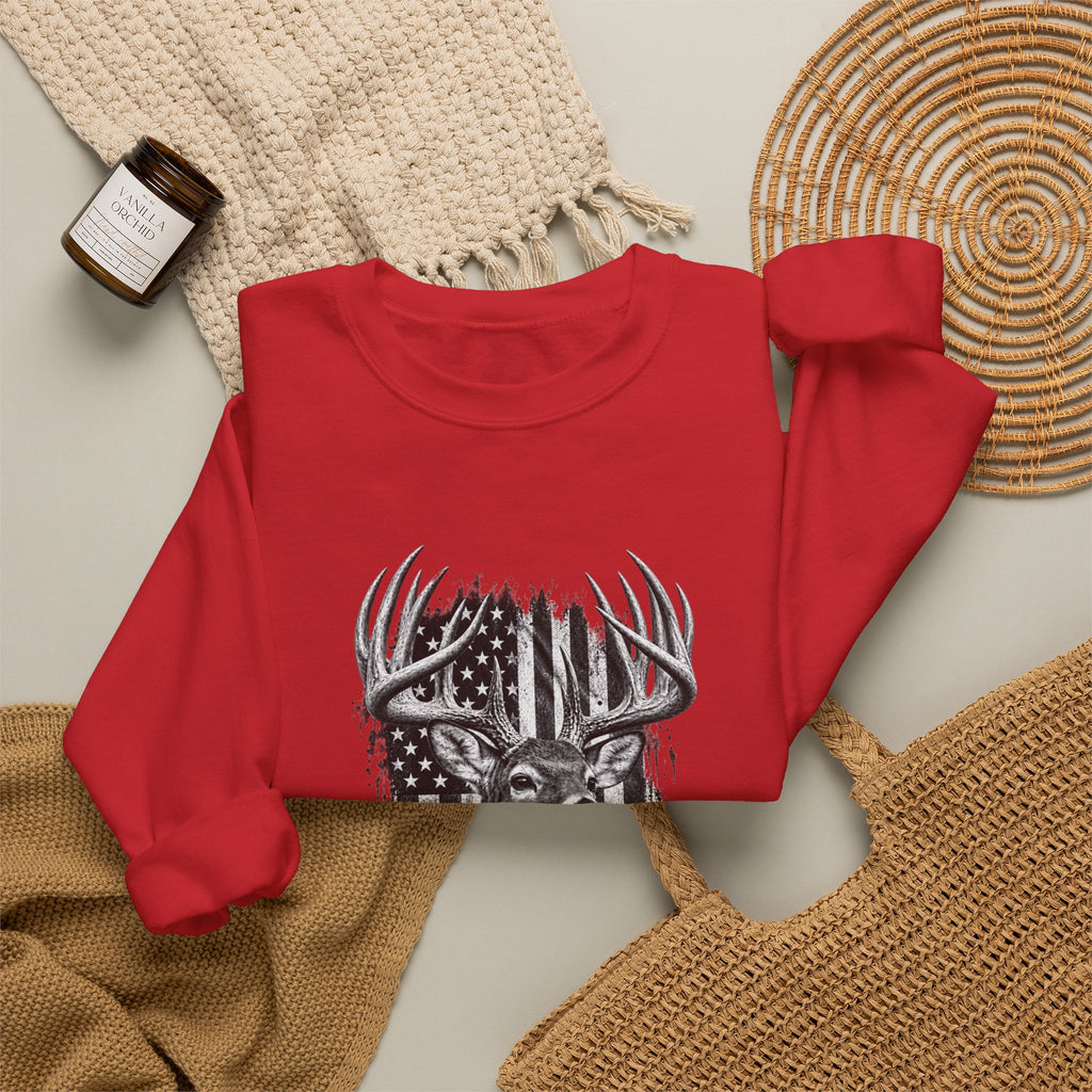 Deer Crewneck Sweatshirt with Distressed American Flag and Black and White Buck Design