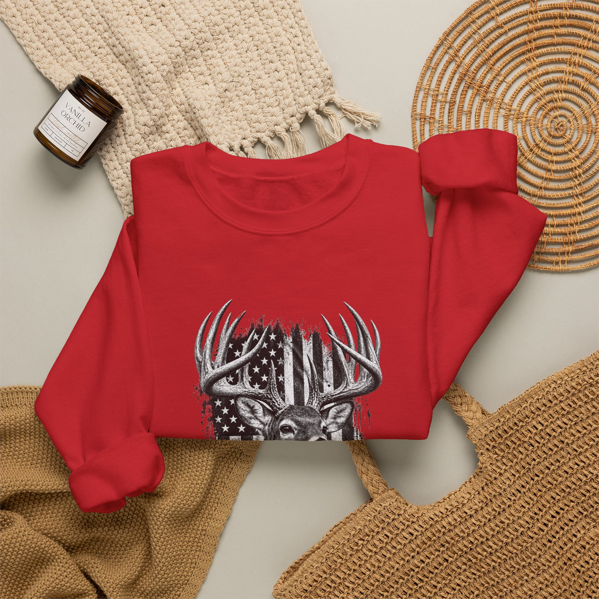 Deer Crewneck Sweatshirt with Distressed American Flag and Black and White Buck Design