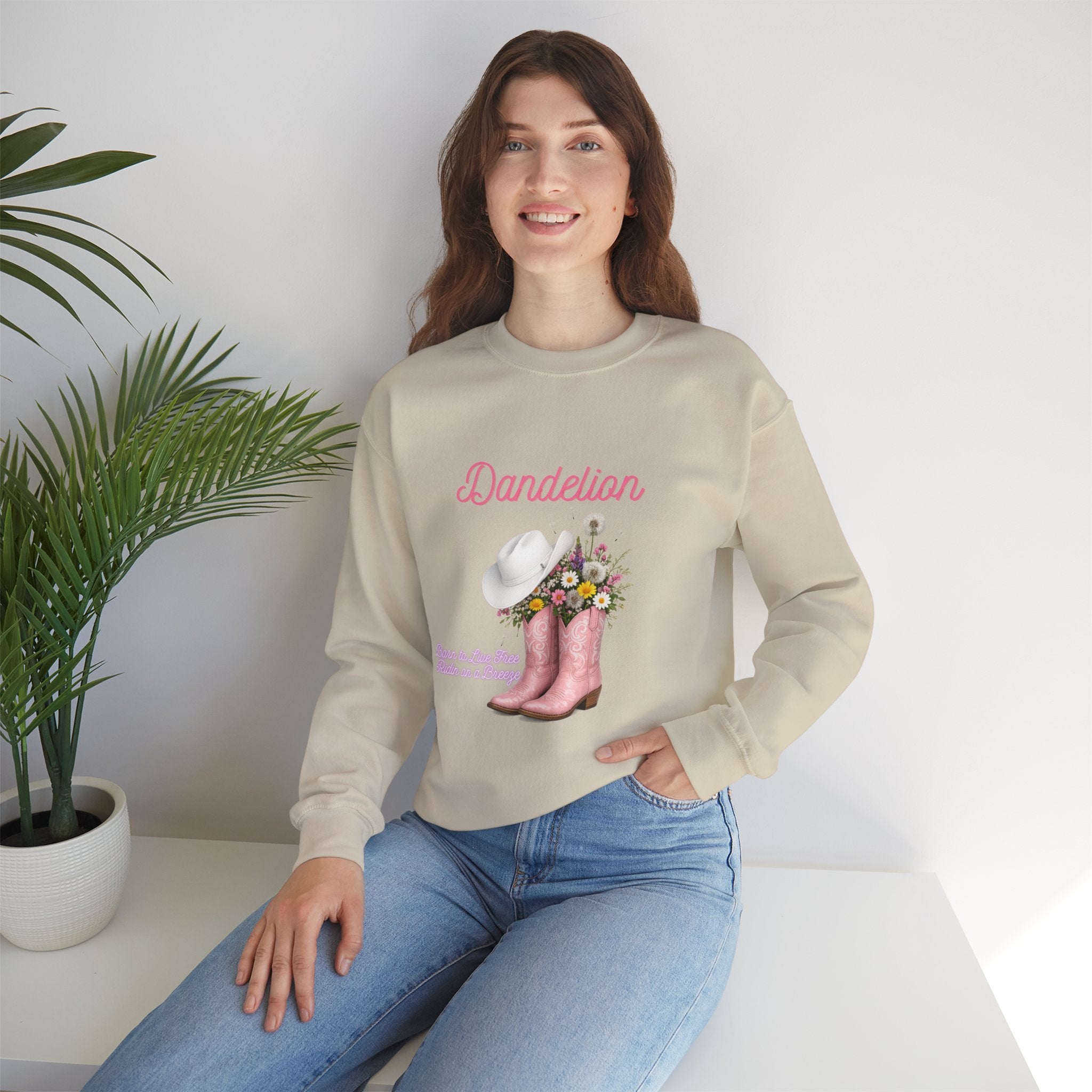 Dandelion Floral Cowboy Boots Sweatshirt – Pink Western Hat & Flowers Crewneck