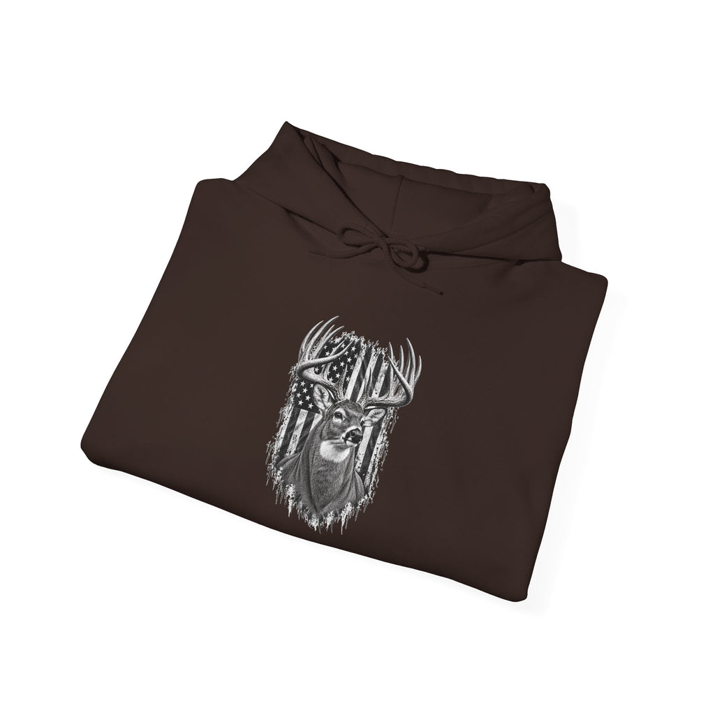 Buck Deer Hoodie with Distressed American Flag, Black Pullover Sweatshirt