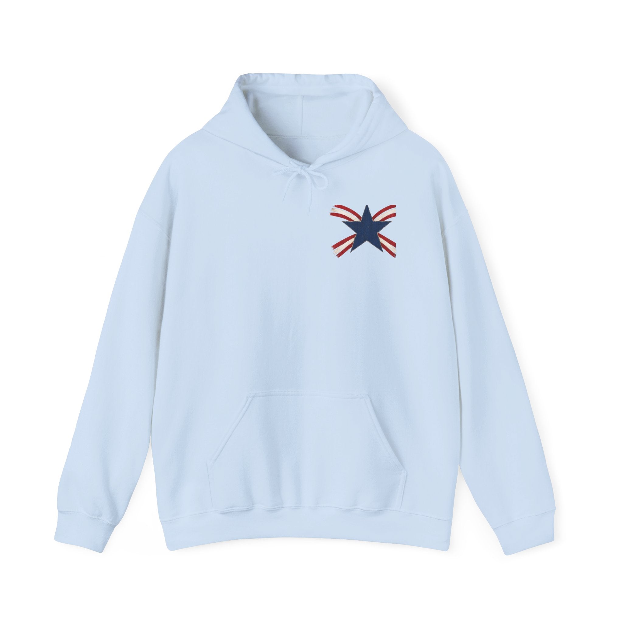 Patriotic Star & Shield Hoodie — USA Flag Graphic Pullover for 4th of July