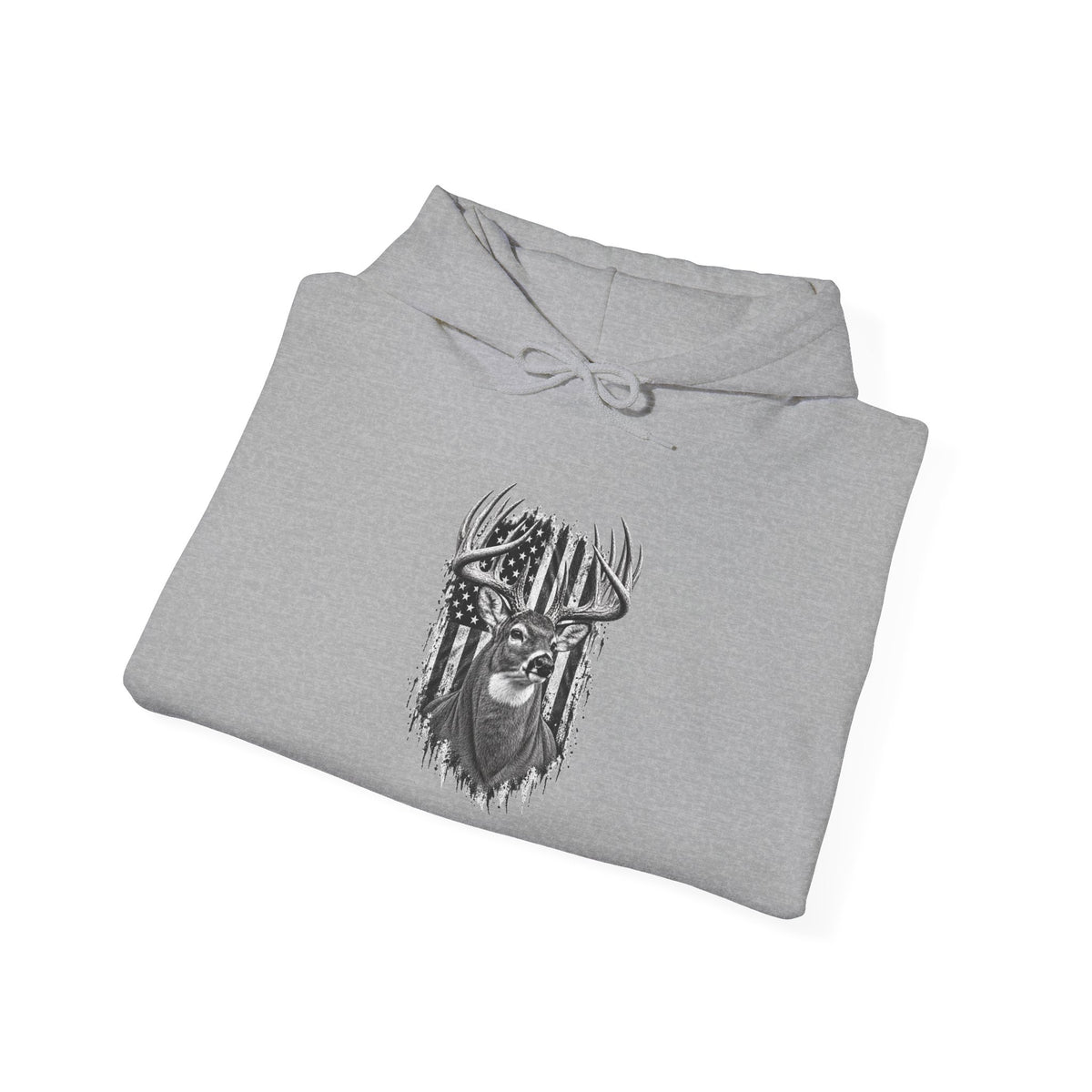 Buck Deer Hoodie with Distressed American Flag, Black Pullover Sweatshirt