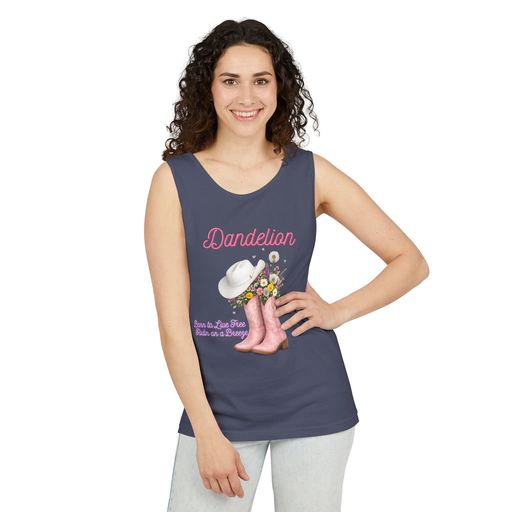 Dandelion Pink Cowboy Boots Tank Top — Floral Western Summer Tee