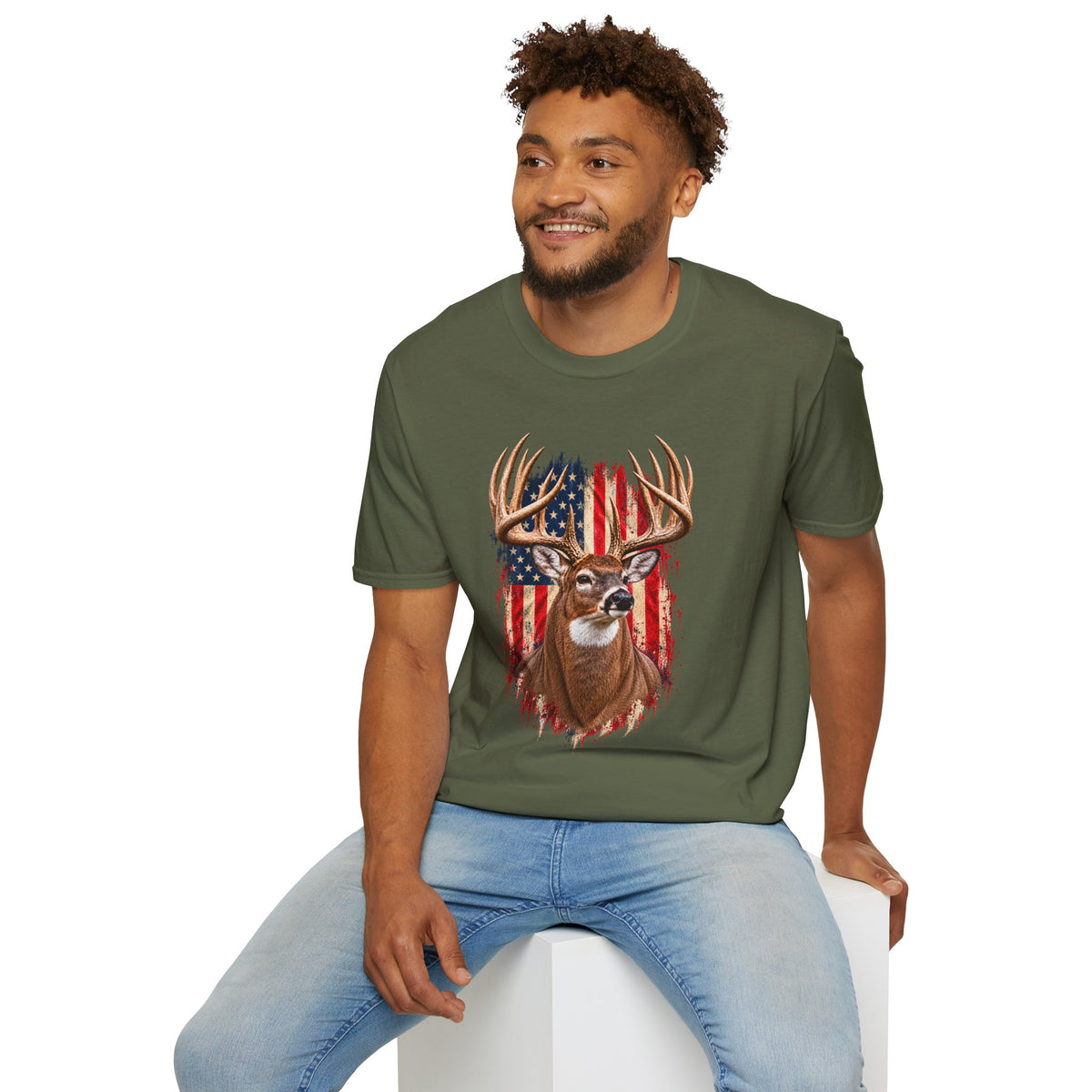 Whitetail Buck American Flag T-Shirt, Patriotic Deer Hunting Tee, Lightweight Cotton