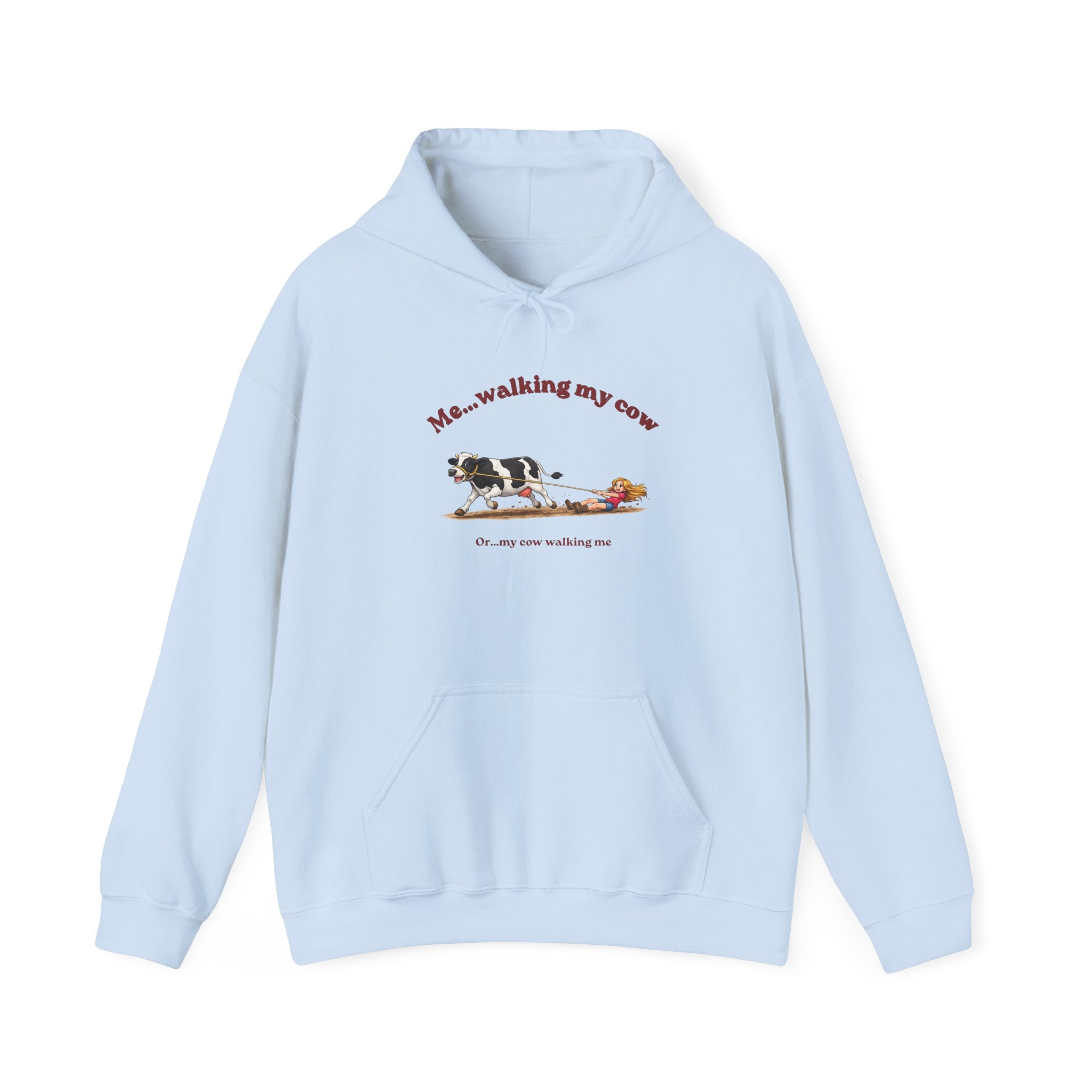 Hoodie — 'Me... walking my cow' Cute Cow Illustration Pullover-girl