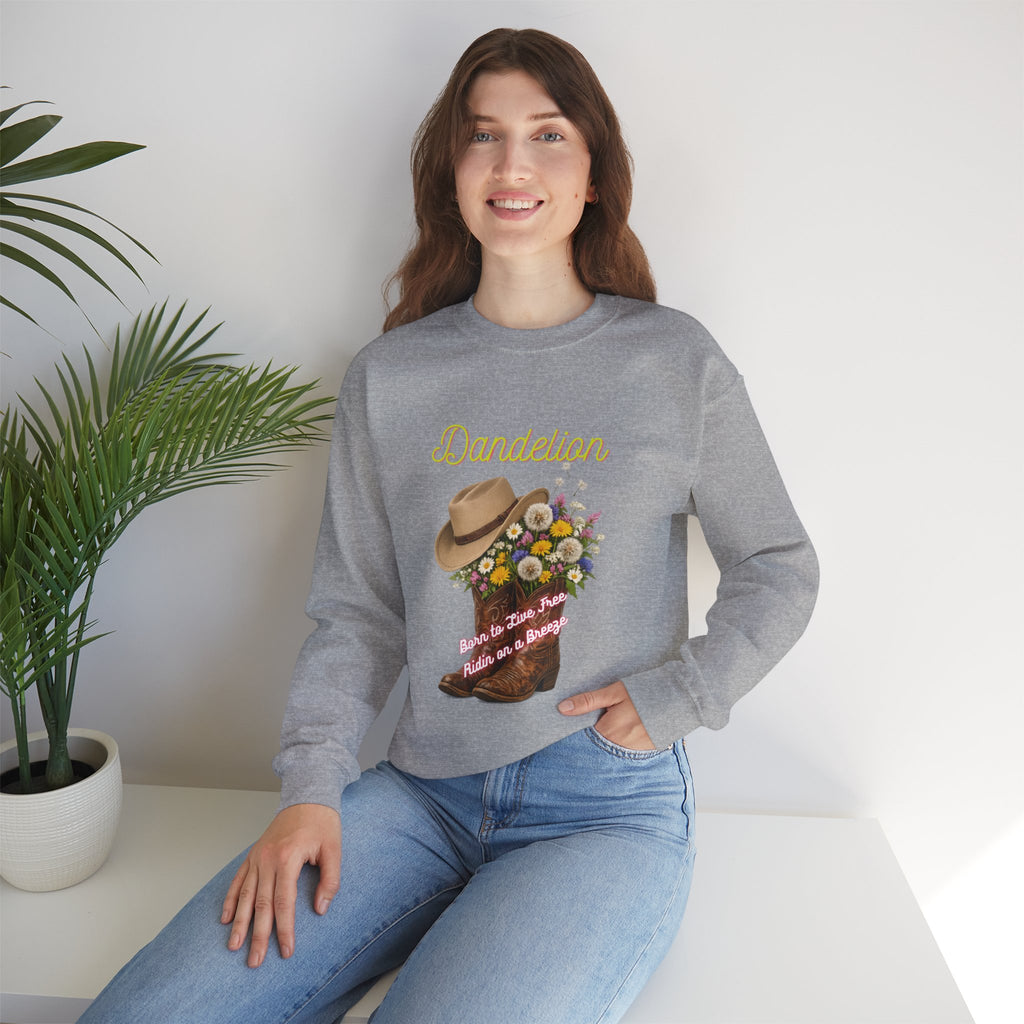 Dandelion Cowboy Boots & Hat Sweatshirt — Floral Western Crewneck