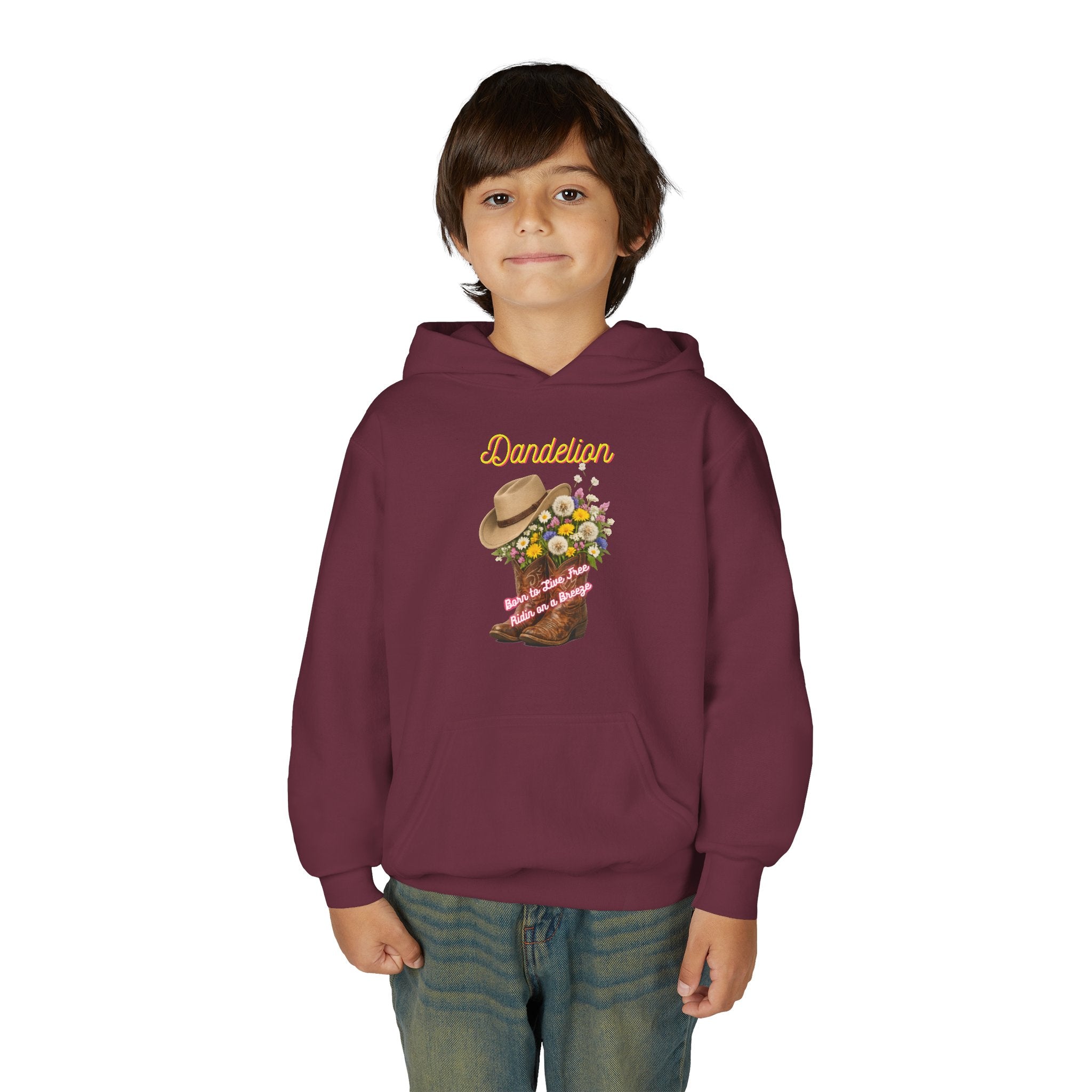 Youth Dandelion Cowboy Boot Hoodie - Floral Western Kids Sweatshirt