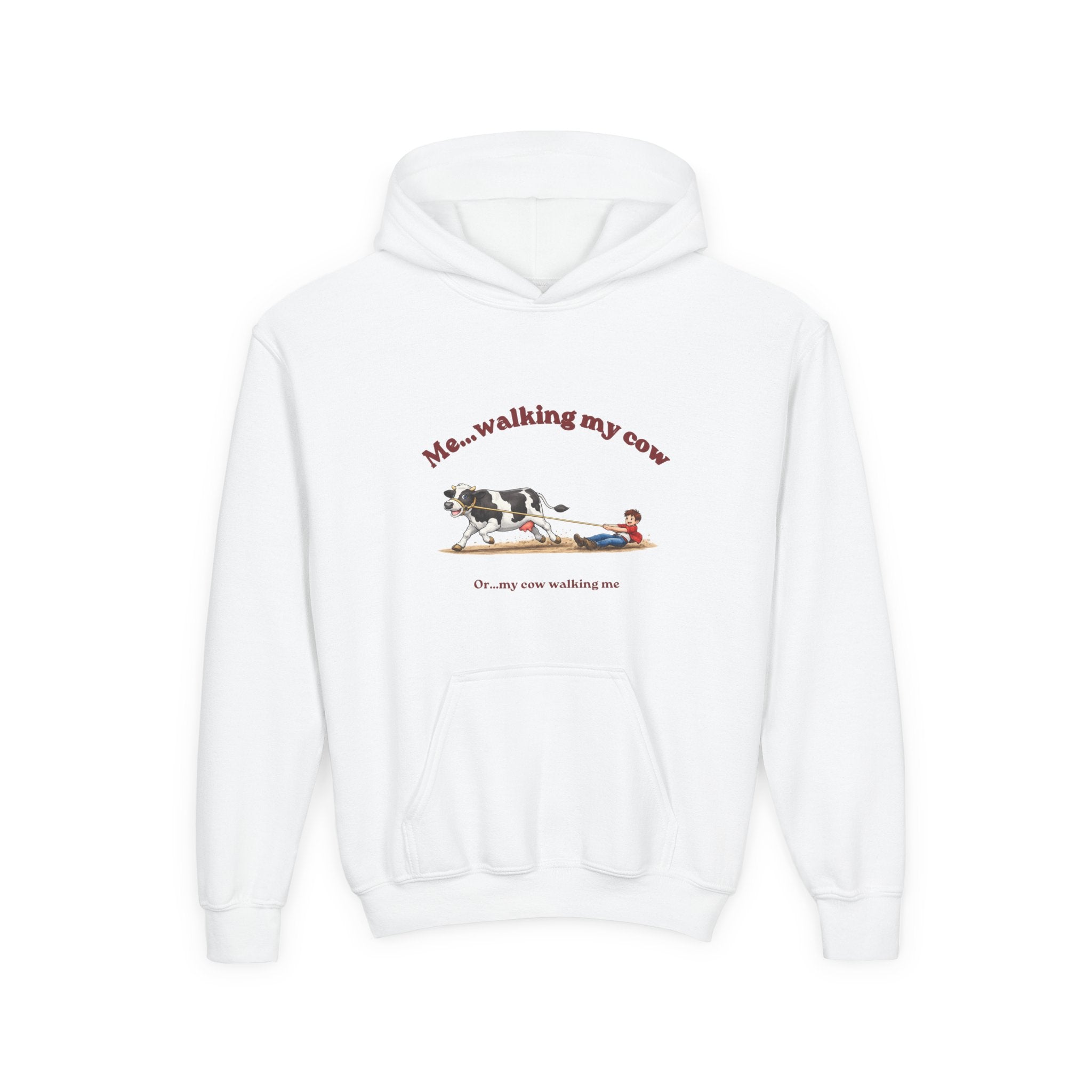 Youth Hoodie — “Me… walking my cow” Cute Kids Cow Graphic Hooded Sweatshirt-boy