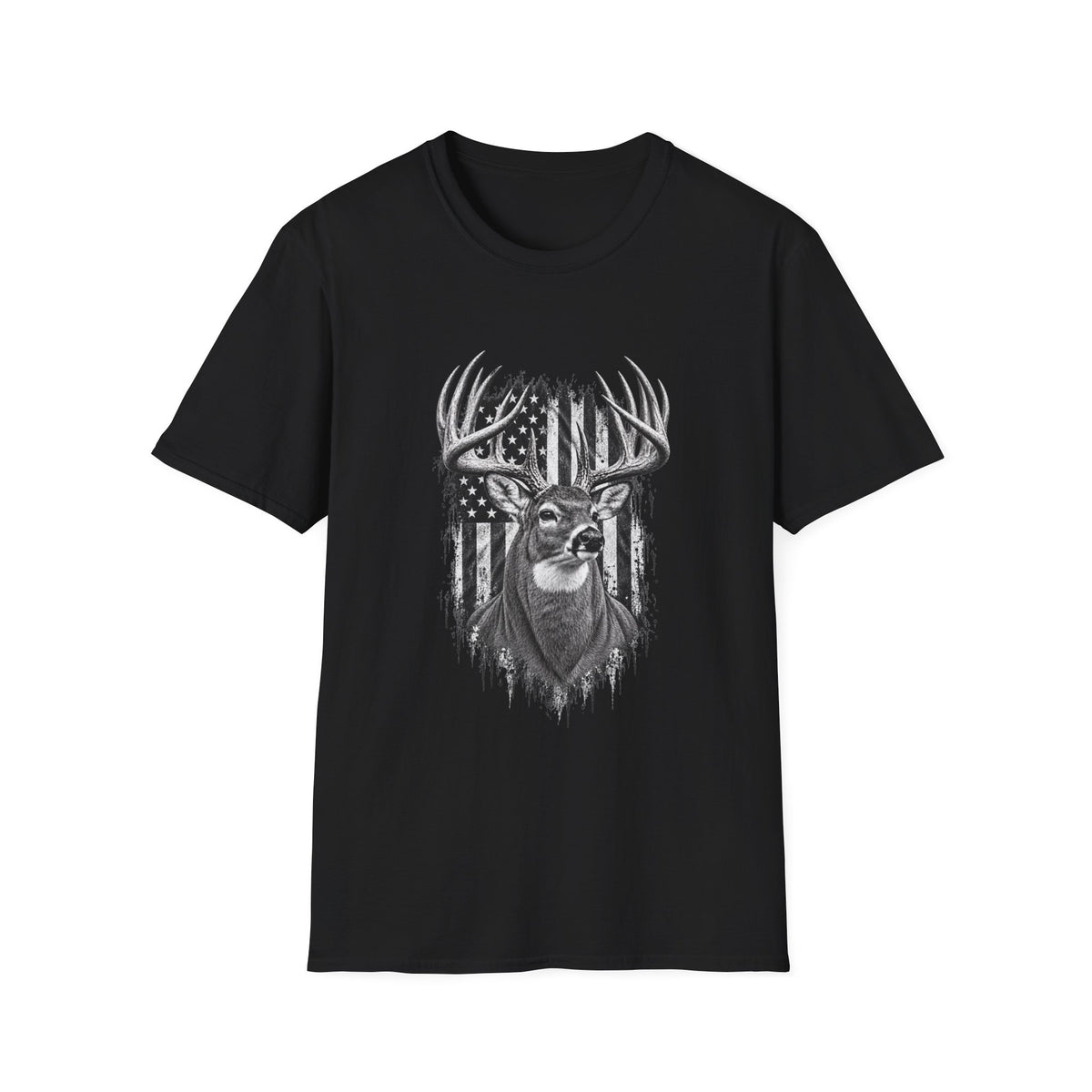 Buck Hunting T-Shirt, Distressed American Flag Deer Graphic Tee, Adult Classic Fit