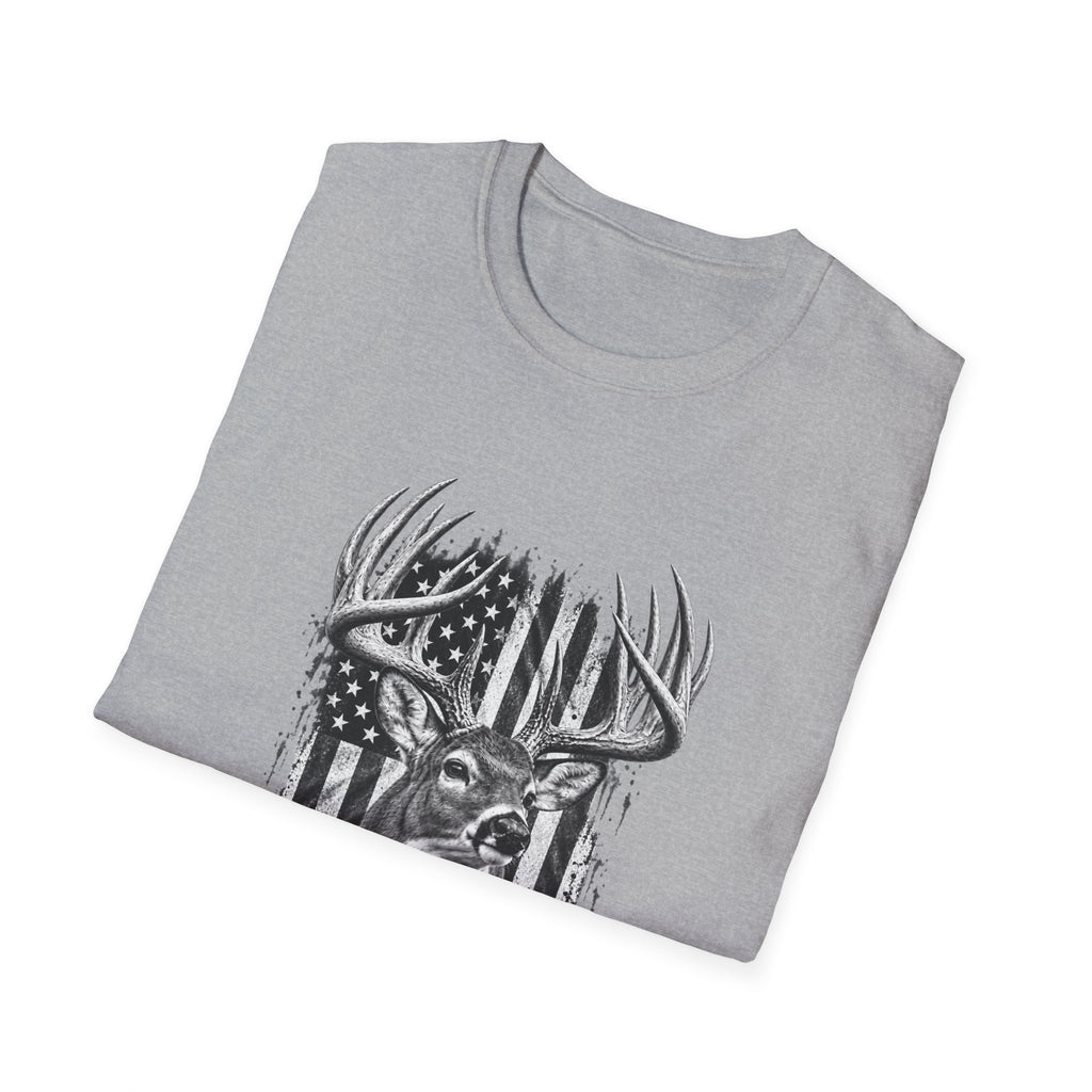Buck Hunting T-Shirt, Distressed American Flag Deer Graphic Tee, Adult Classic Fit