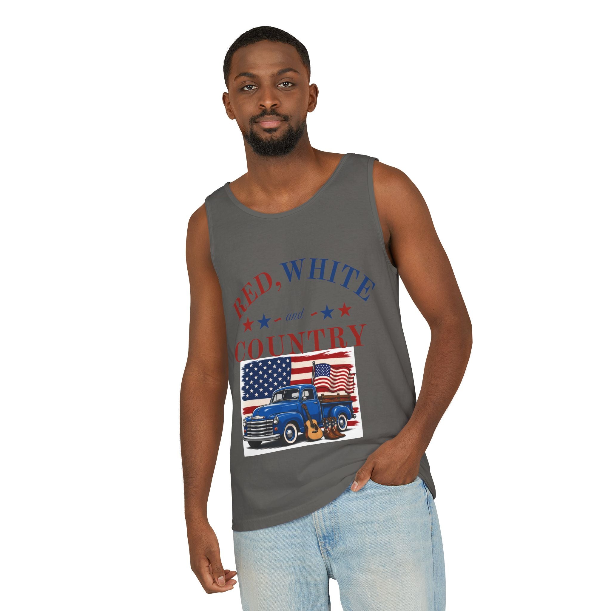 Patriotic Tank Top – "Red, White and Country" Vintage Truck | "Land of the Free" 4th of July Tank