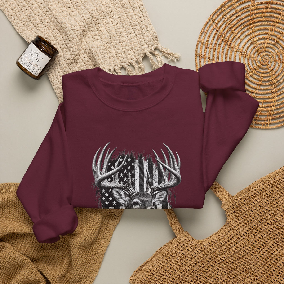 Deer Crewneck Sweatshirt with Distressed American Flag and Black and White Buck Design