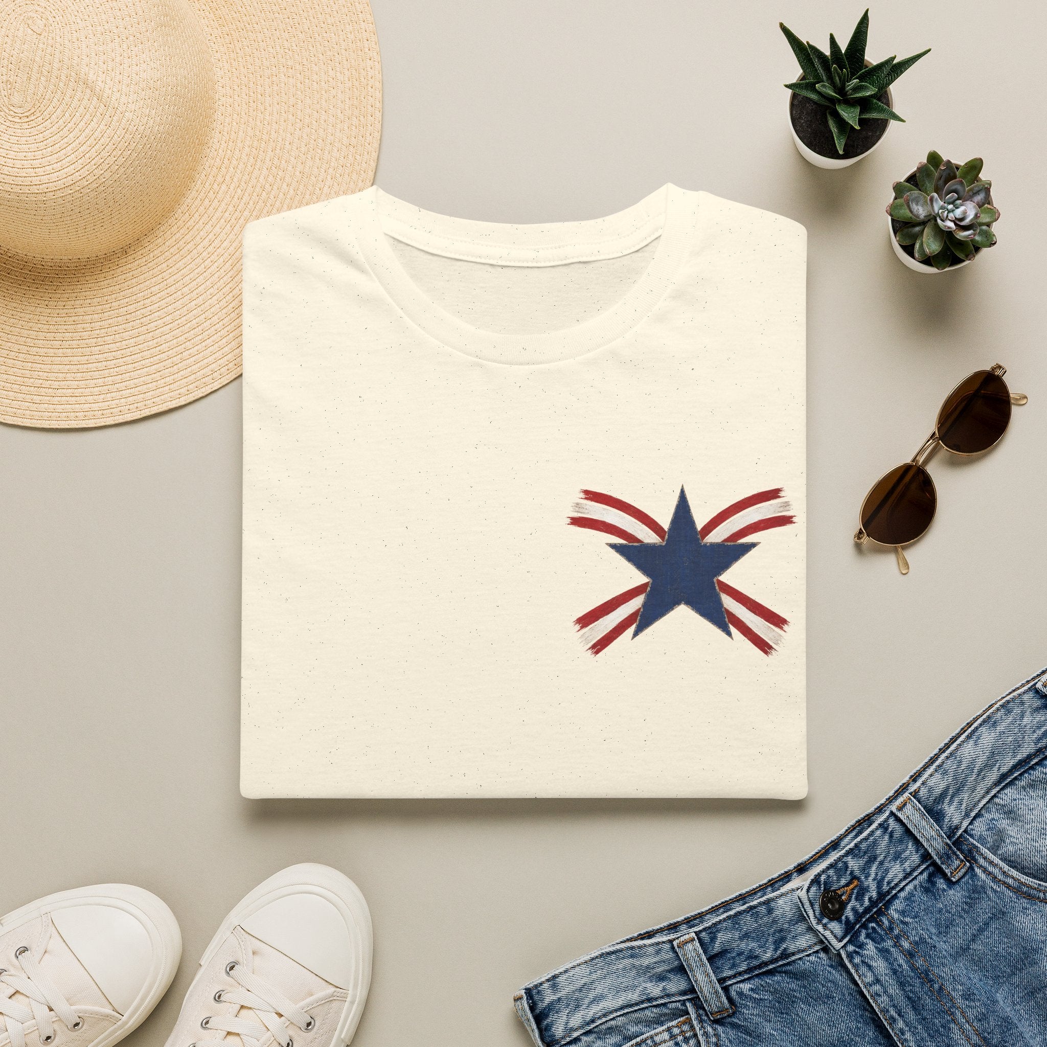 Patriotic Star Tee — Small Distressed Navy Star with Red Stripes