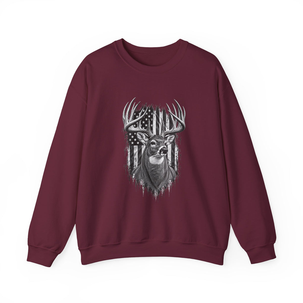 Deer Crewneck Sweatshirt with Distressed American Flag and Black and White Buck Design