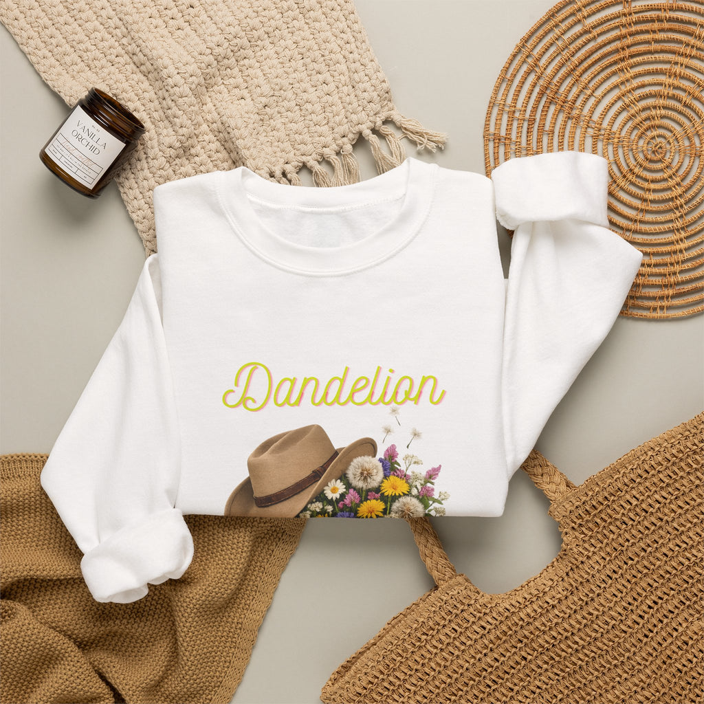 Dandelion Cowboy Boots & Hat Sweatshirt — Floral Western Crewneck