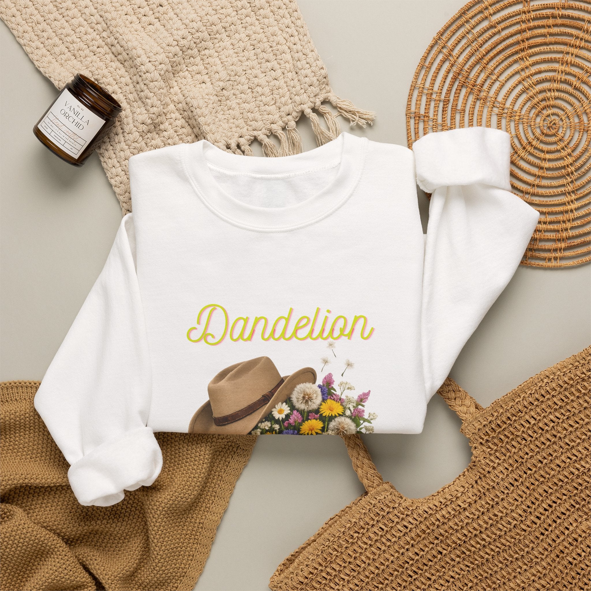 Dandelion Cowboy Boots & Hat Sweatshirt — Floral Western Crewneck