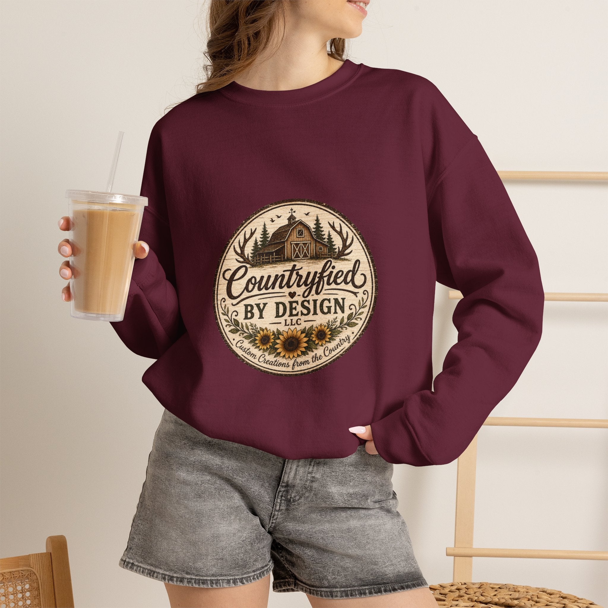 Countryfied By Design Crewneck Sweatshirt — Rustic Farmhouse Graphic Pullover