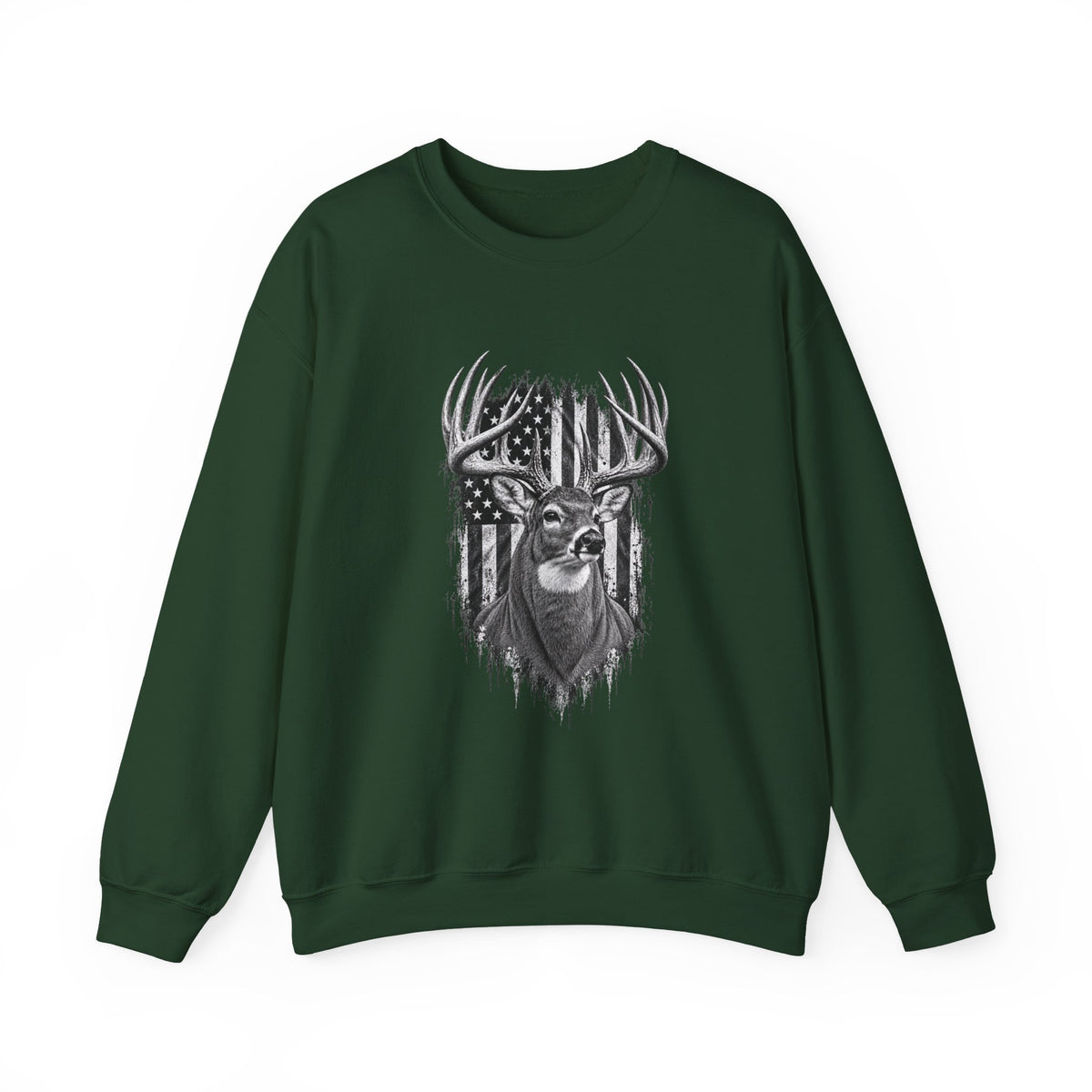 Deer Crewneck Sweatshirt with Distressed American Flag and Black and White Buck Design