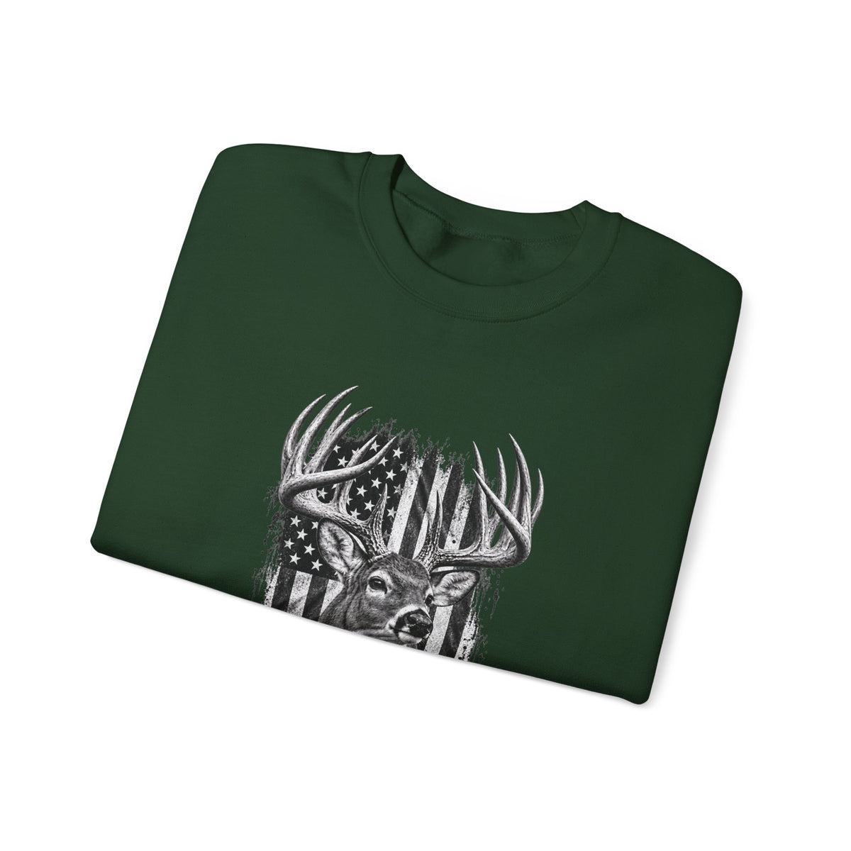Deer Crewneck Sweatshirt with Distressed American Flag and Black and White Buck Design