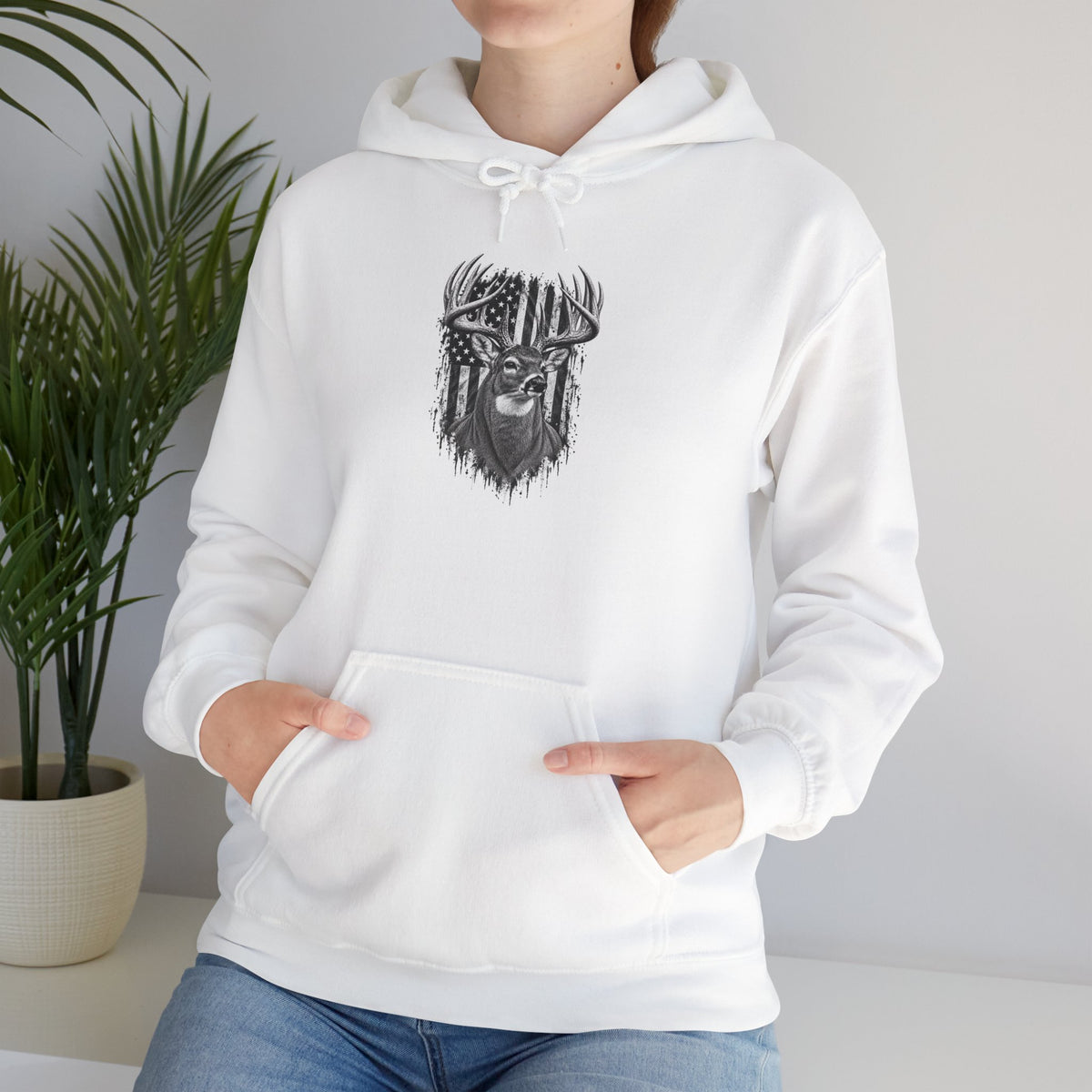 Buck Deer Hoodie with Distressed American Flag, Black Pullover Sweatshirt
