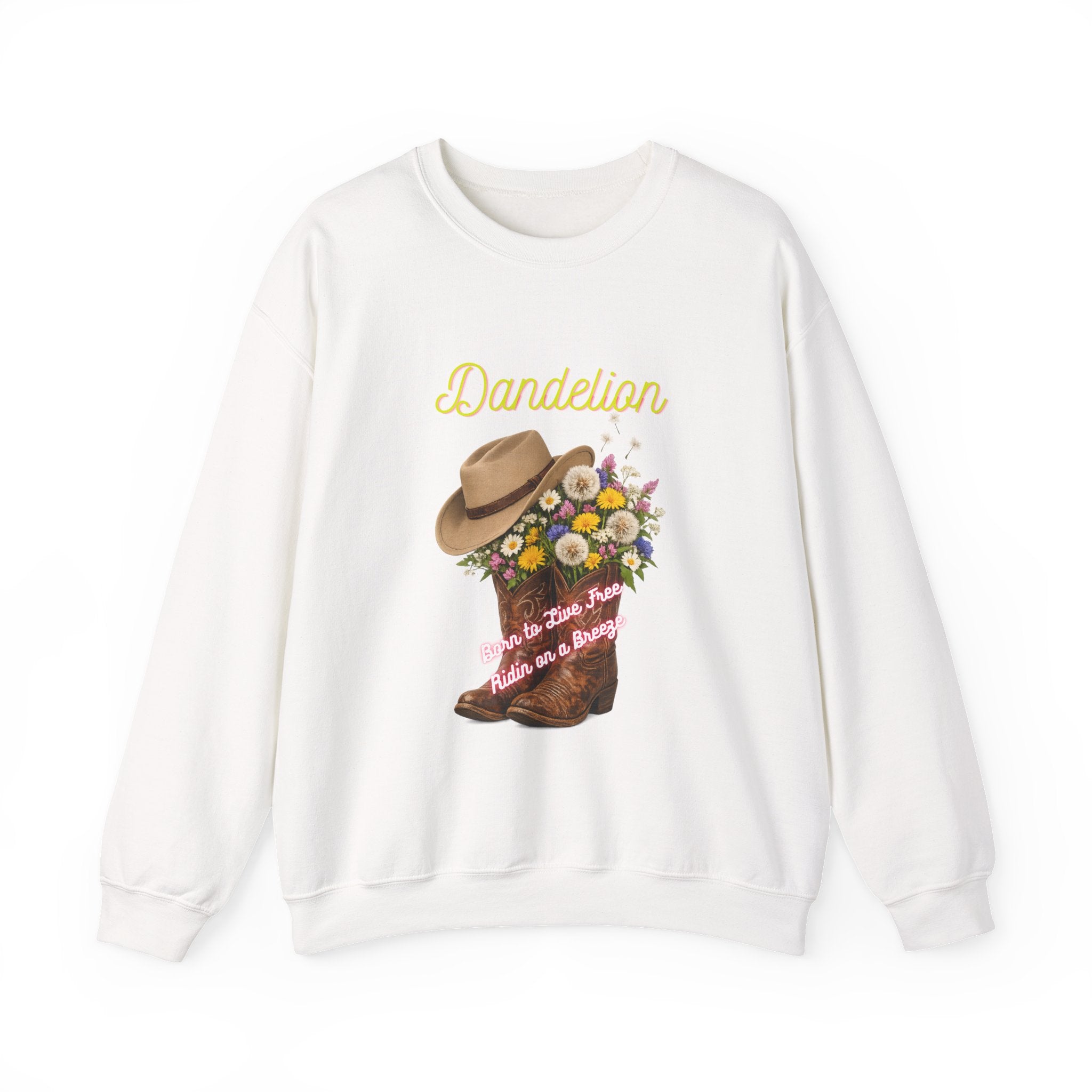 Dandelion Cowboy Boots & Hat Sweatshirt — Floral Western Crewneck