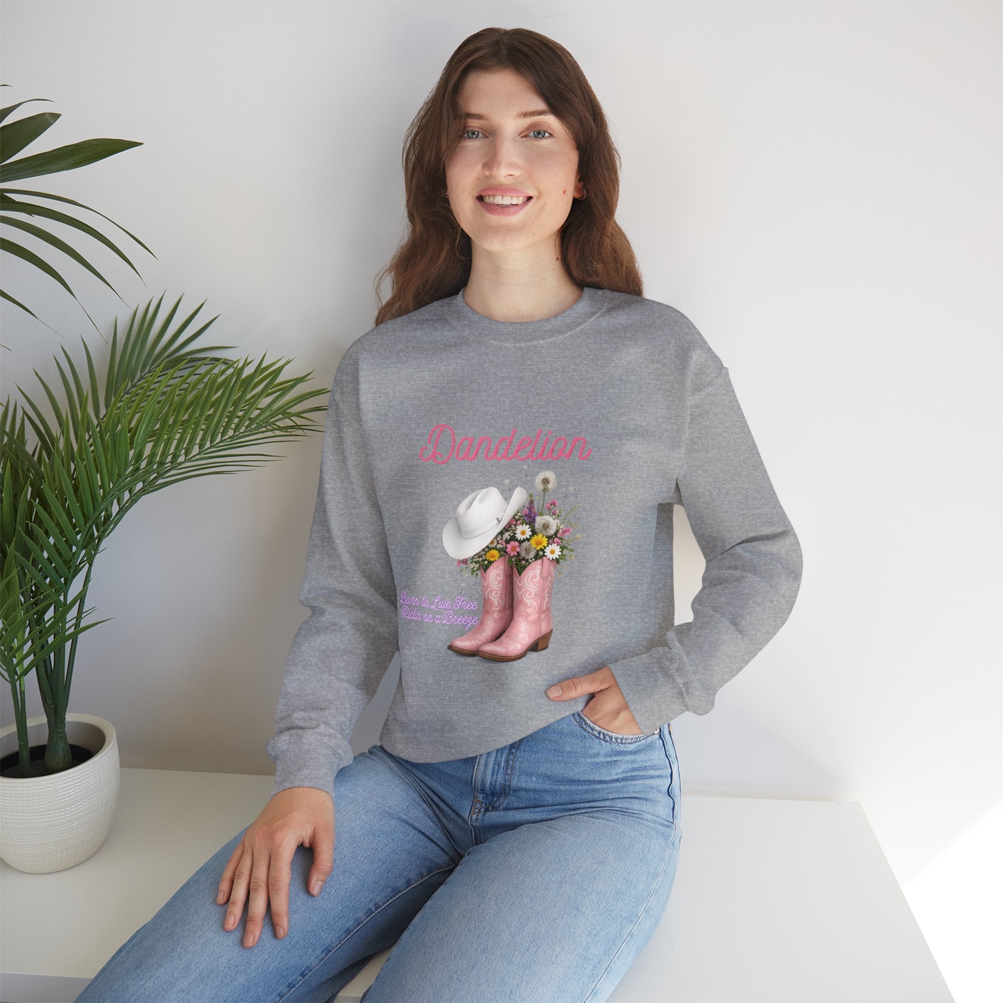Dandelion Floral Cowboy Boots Sweatshirt – Pink Western Hat & Flowers Crewneck