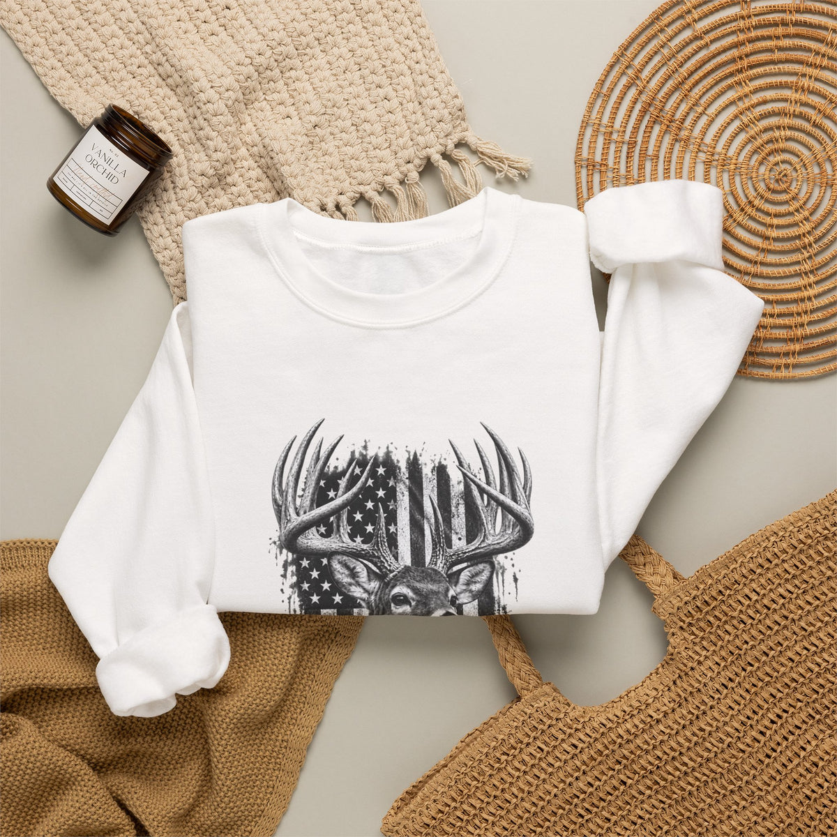 Deer Crewneck Sweatshirt with Distressed American Flag and Black and White Buck Design