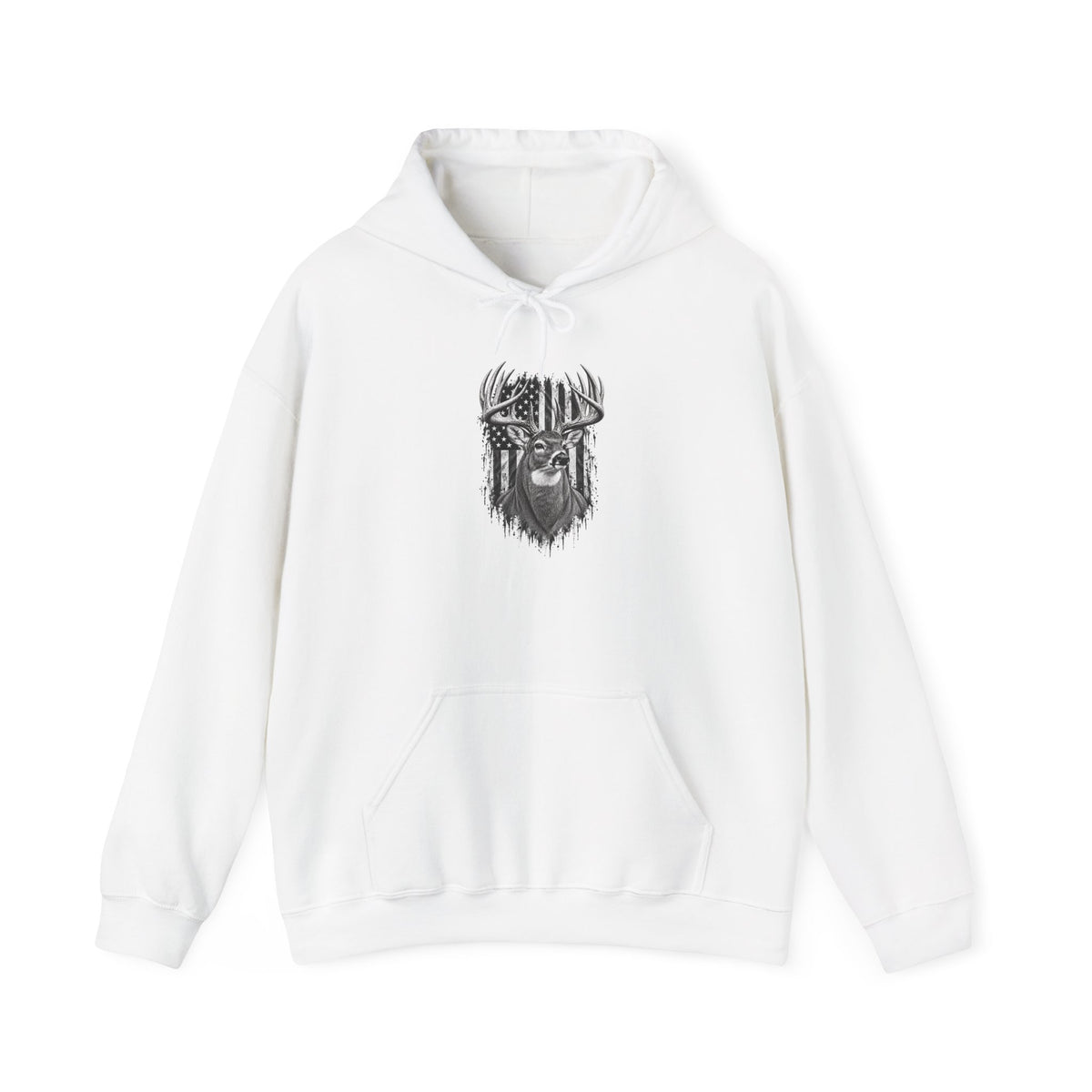 Buck Deer Hoodie with Distressed American Flag, Black Pullover Sweatshirt