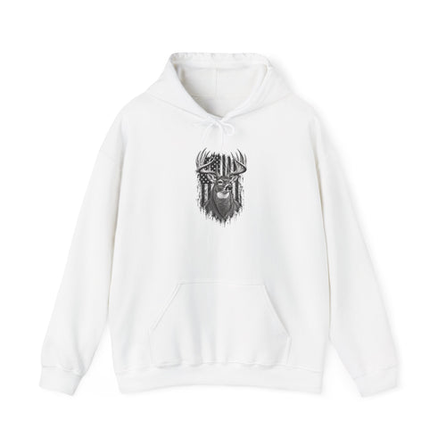 Buck Deer Hoodie with Distressed American Flag, Black Pullover Sweatshirt