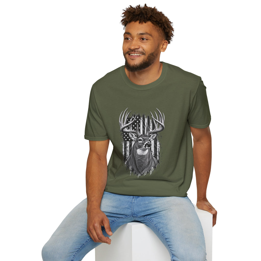 Buck Hunting T-Shirt, Distressed American Flag Deer Graphic Tee, Adult Classic Fit