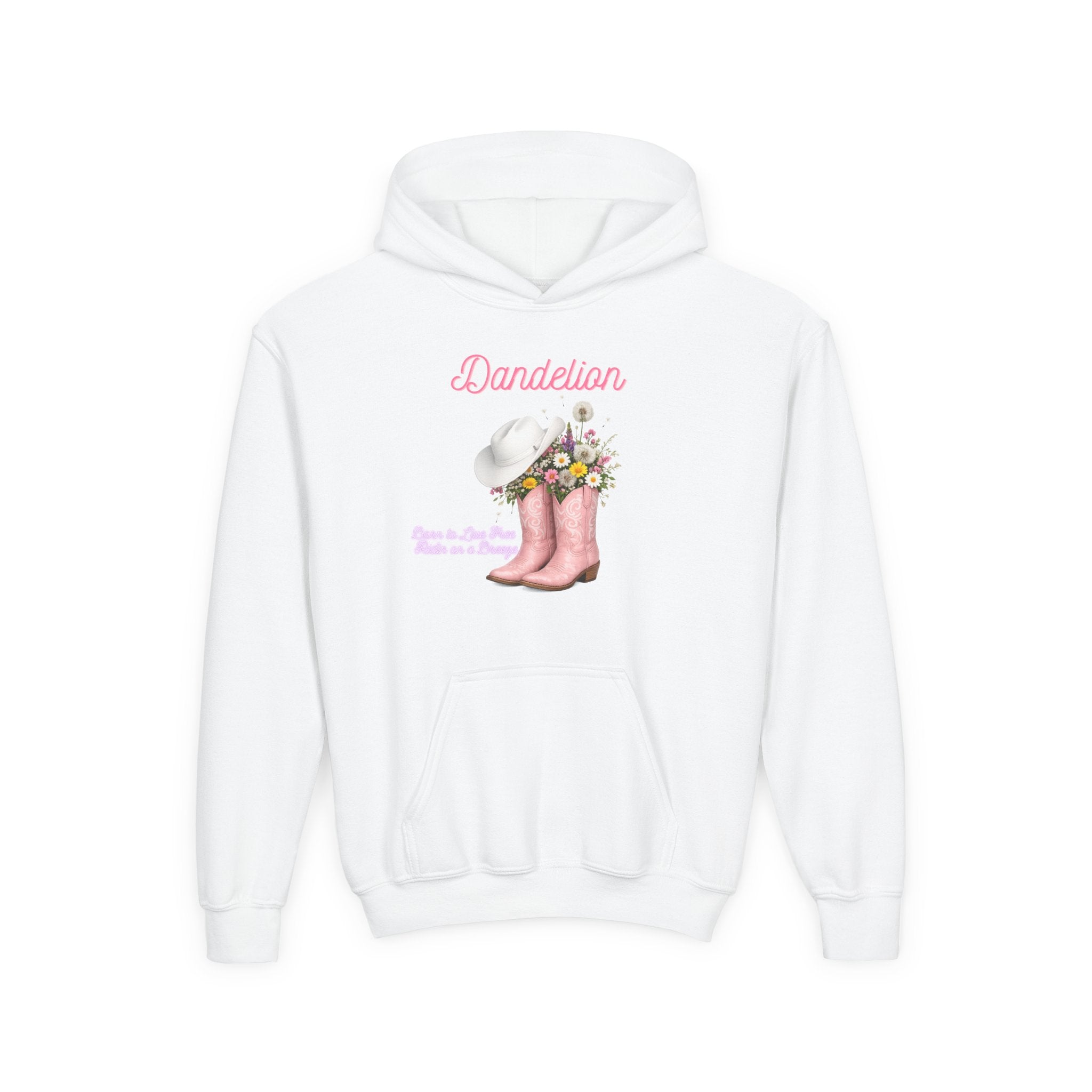 Dandelion Youth Hoodie – Pink Cowboy Boots & Flower Bouquet Kids Sweatshirt