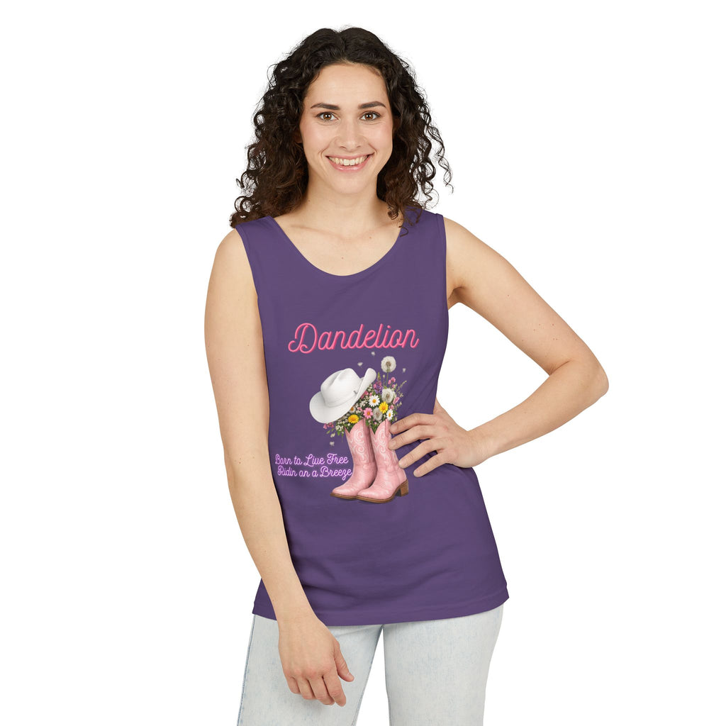 Dandelion Pink Cowboy Boots Tank Top — Floral Western Summer Tee