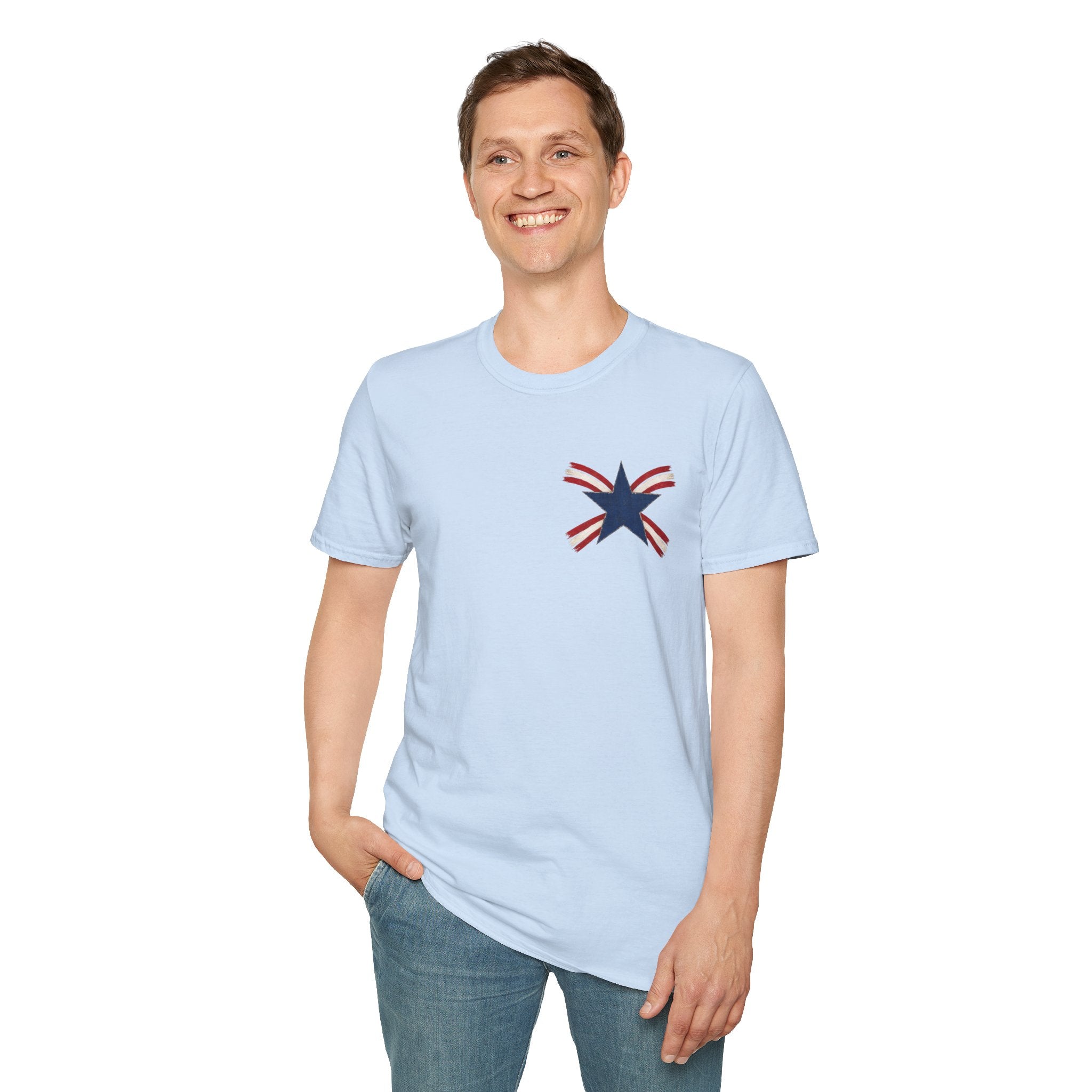 Patriotic Star Tee — Small Distressed Navy Star with Red Stripes