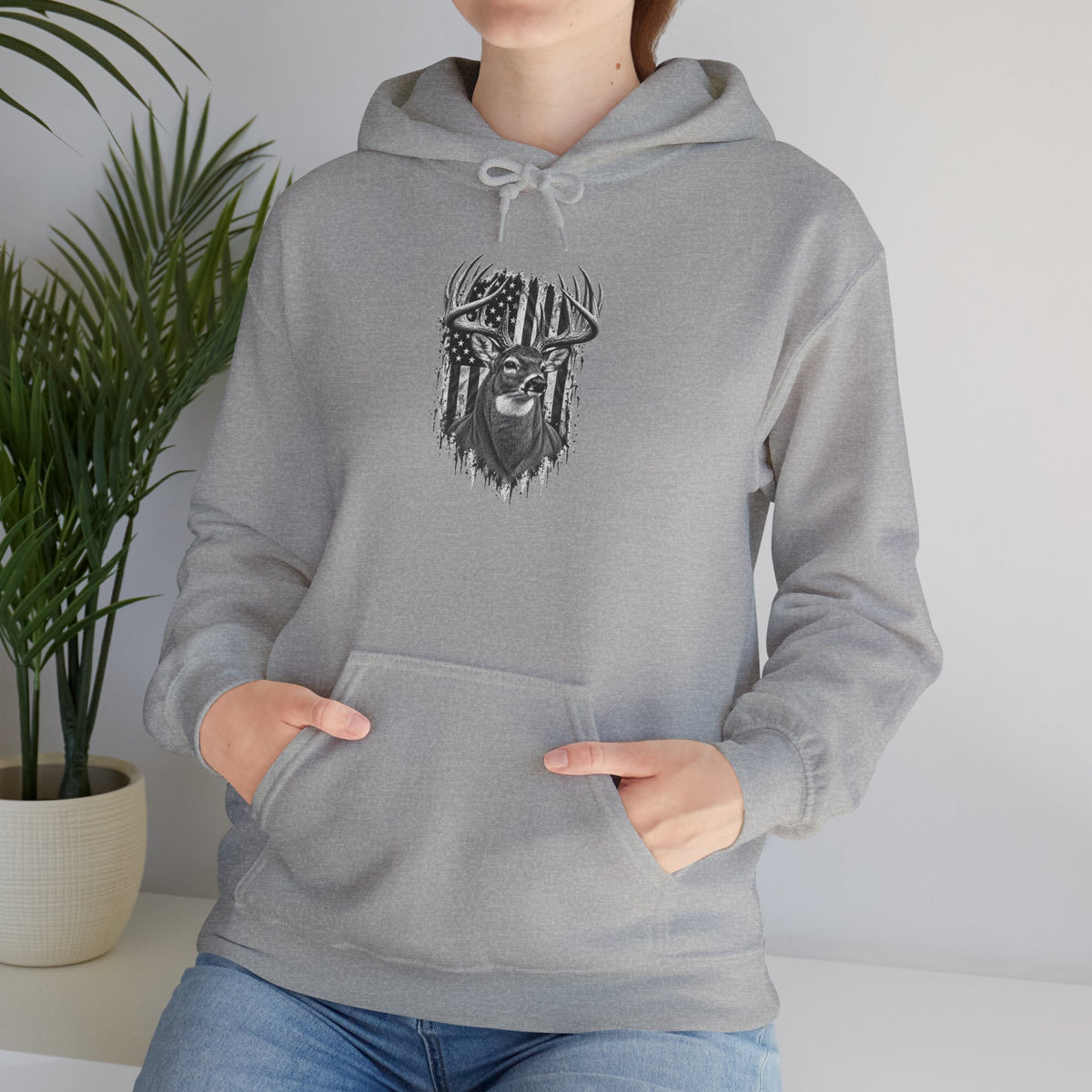 Buck Deer Hoodie with Distressed American Flag, Black Pullover Sweatshirt