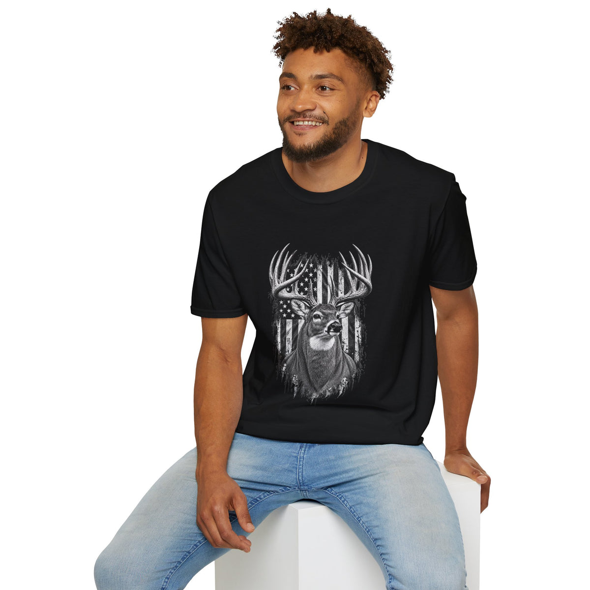 Buck Hunting T-Shirt, Distressed American Flag Deer Graphic Tee, Adult Classic Fit