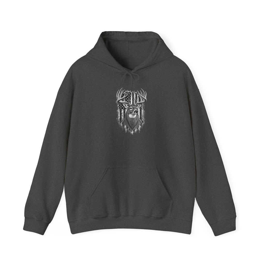 Buck Deer Hoodie with Distressed American Flag, Black Pullover Sweatshirt