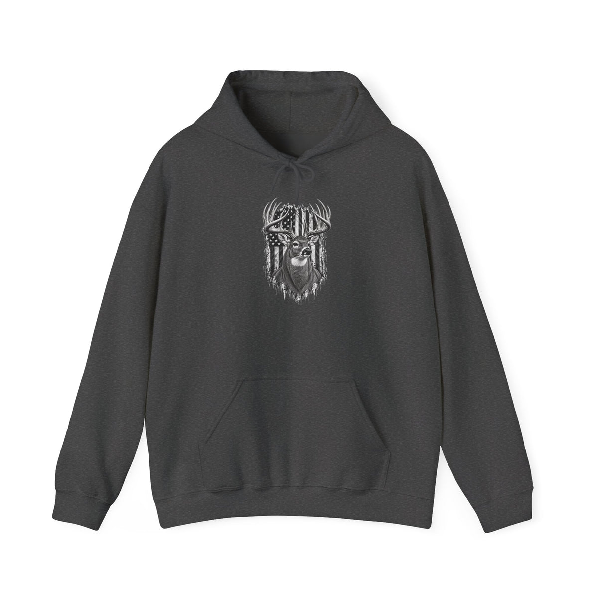 Buck Deer Hoodie with Distressed American Flag, Black Pullover Sweatshirt