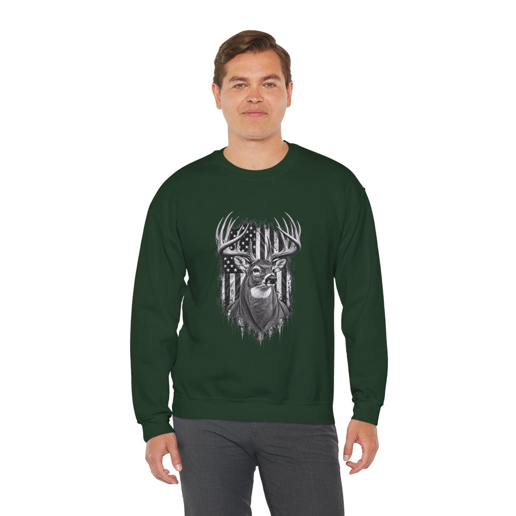 Deer Crewneck Sweatshirt with Distressed American Flag and Black and White Buck Design