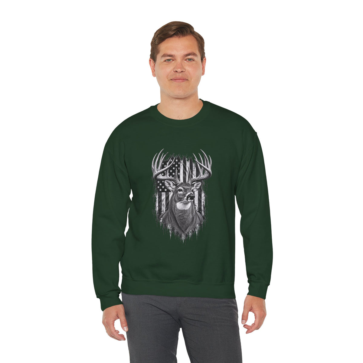 Deer Crewneck Sweatshirt with Distressed American Flag and Black and White Buck Design