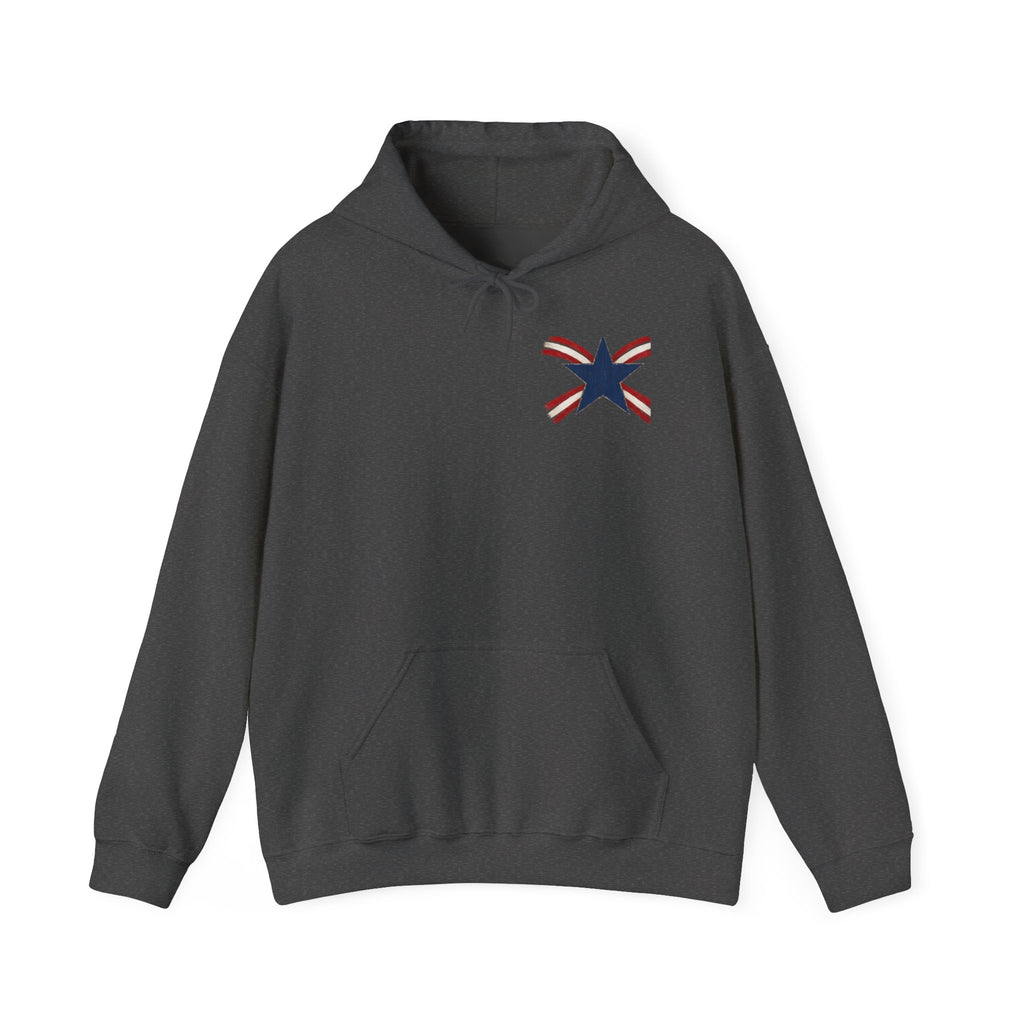 Patriotic Star & Shield Hoodie — USA Flag Graphic Pullover for 4th of July